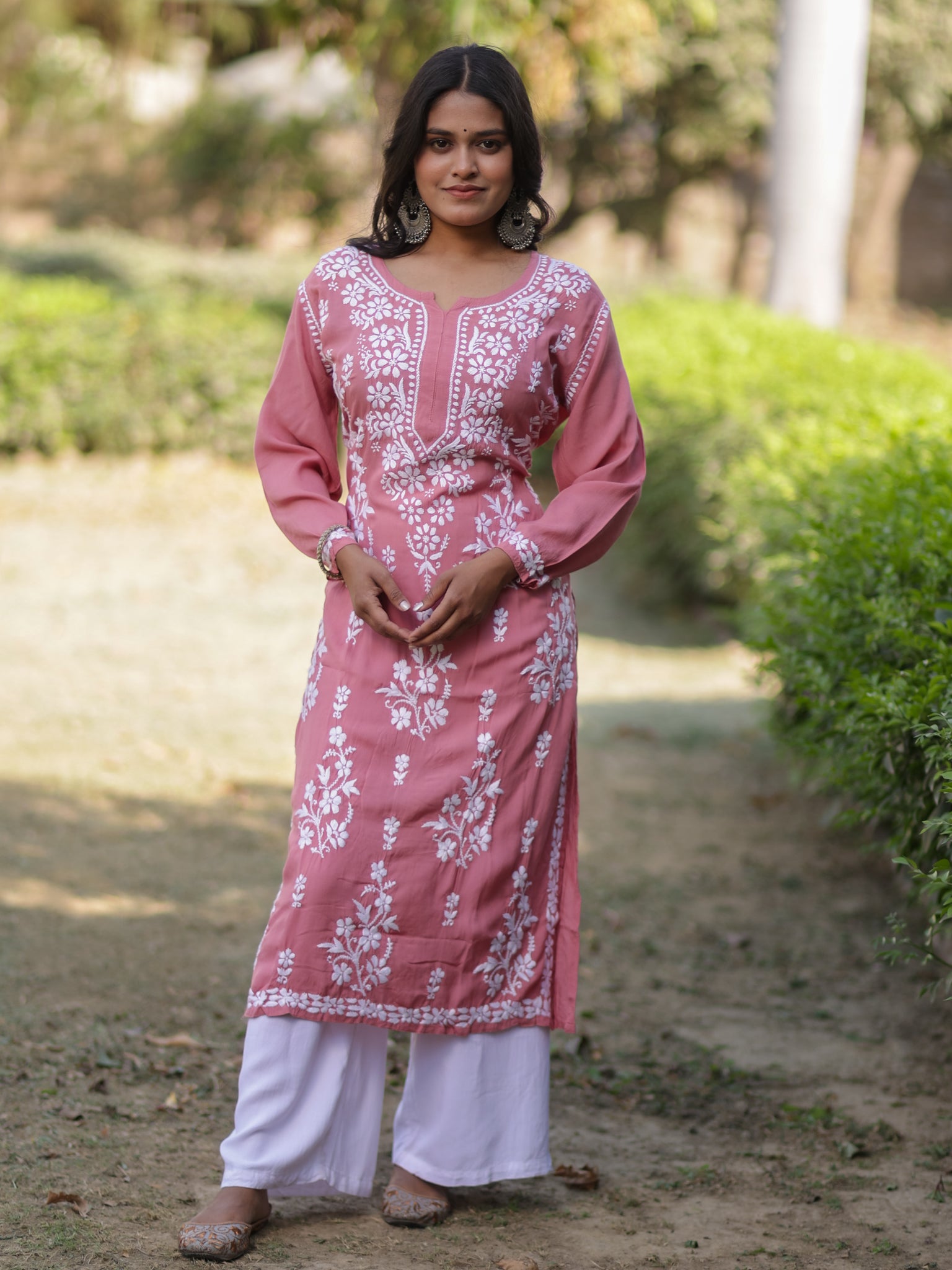 Readymade Floral Heavy Chikankari Rayon Kurti- Peach