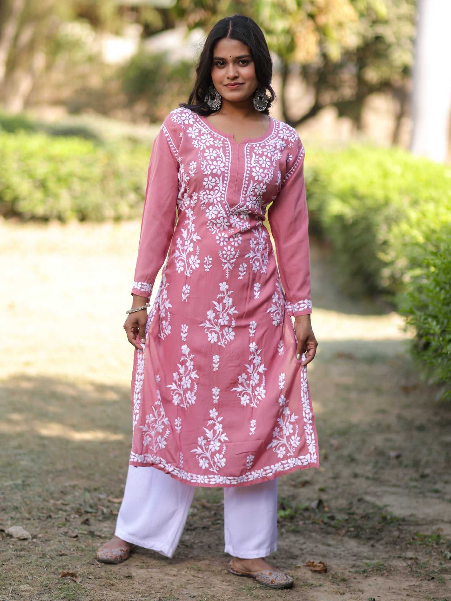 Readymade Floral Heavy Chikankari Rayon Kurti- Peach
