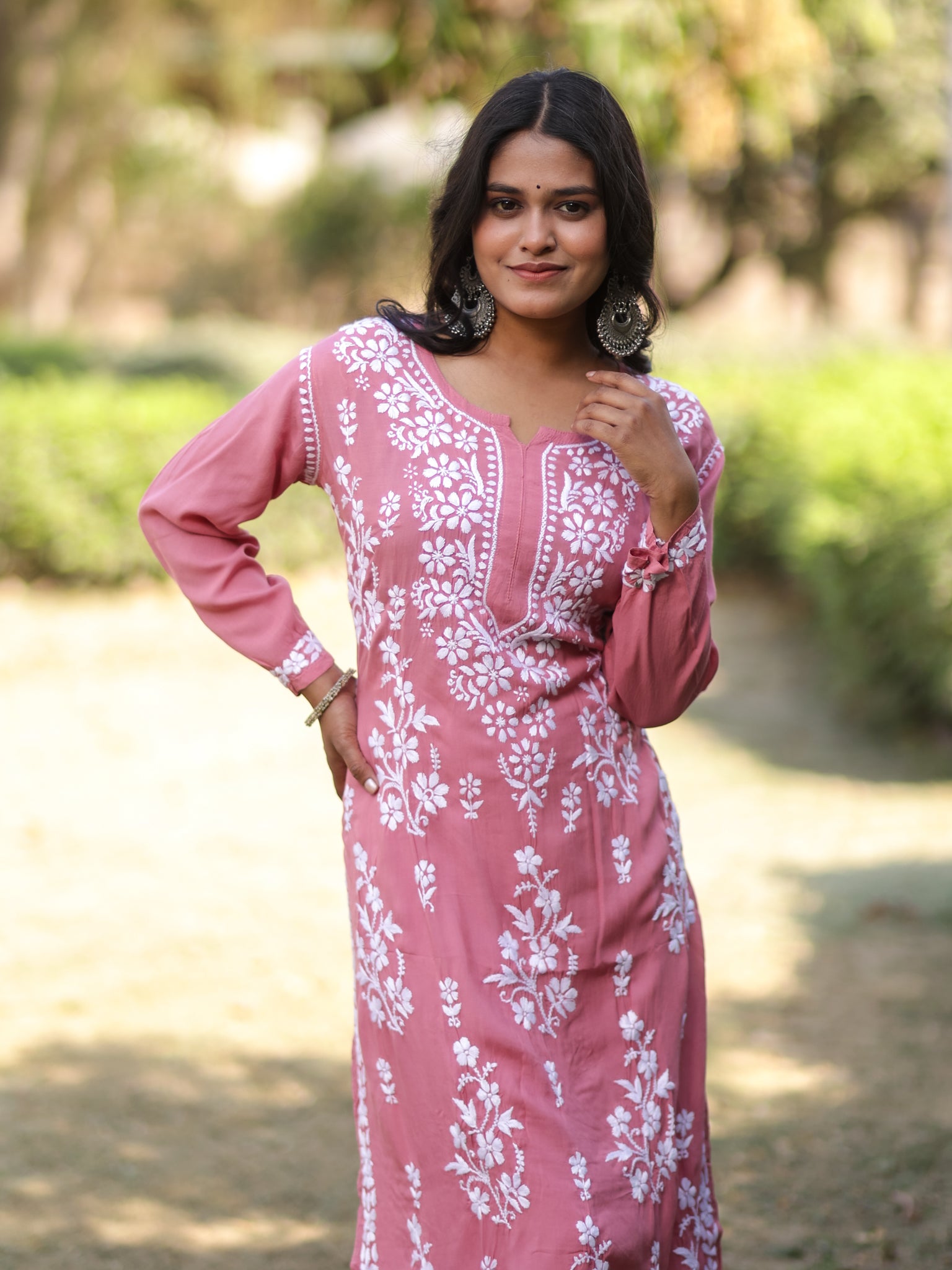 Readymade Floral Heavy Chikankari Rayon Kurti- Peach