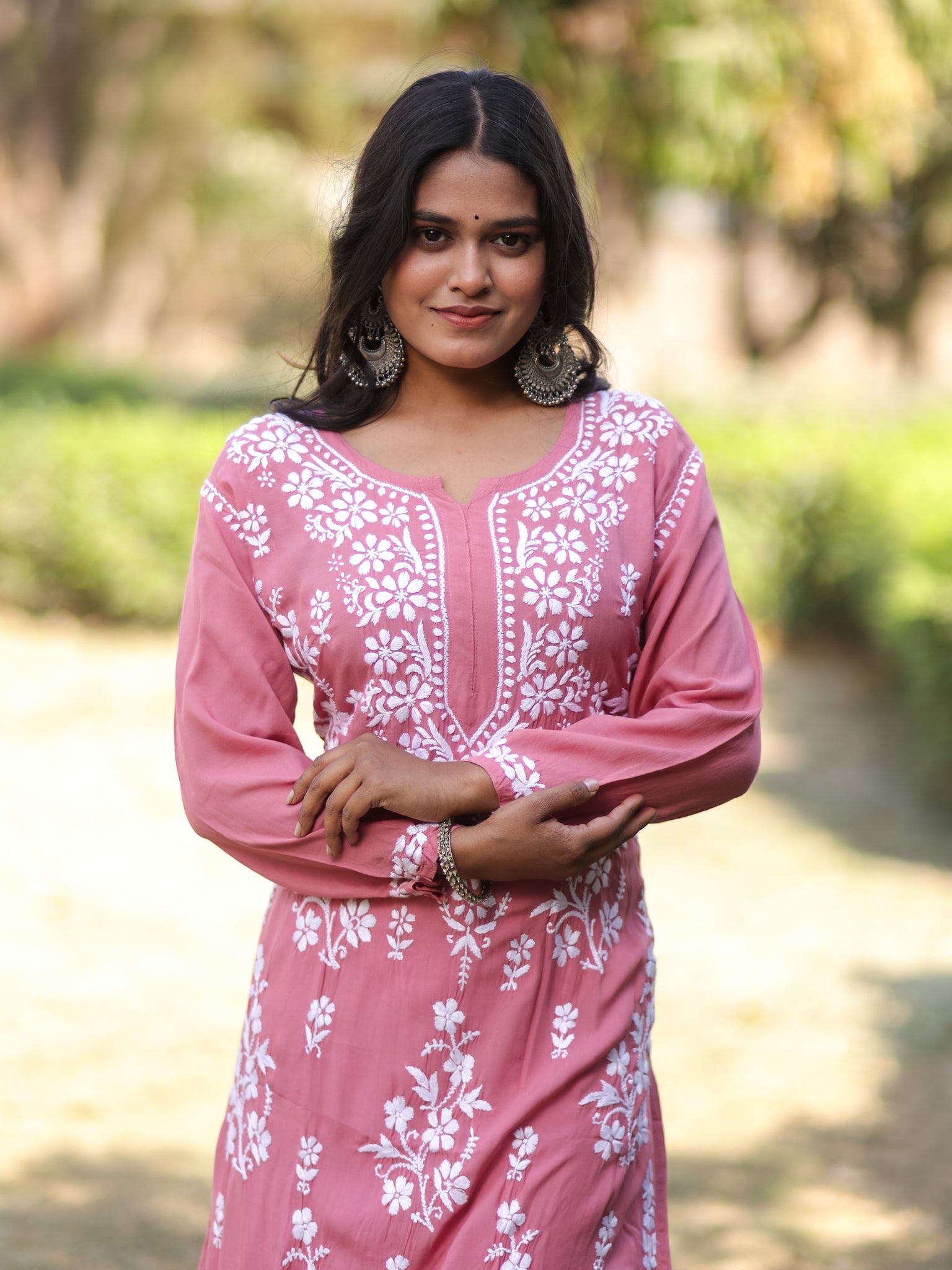 Readymade Floral Heavy Chikankari Rayon Kurti- Peach