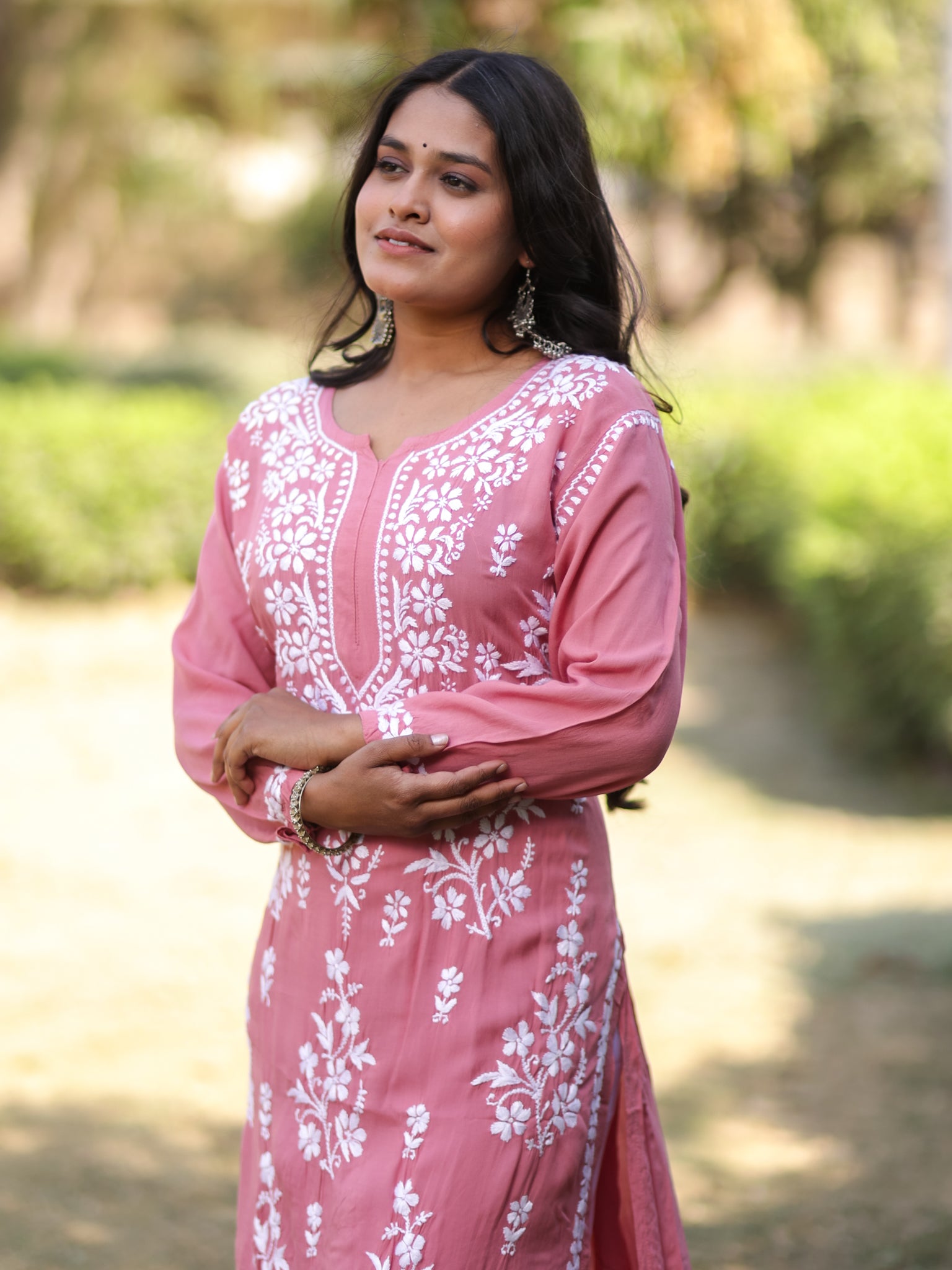 Readymade Floral Heavy Chikankari Rayon Kurti- Peach