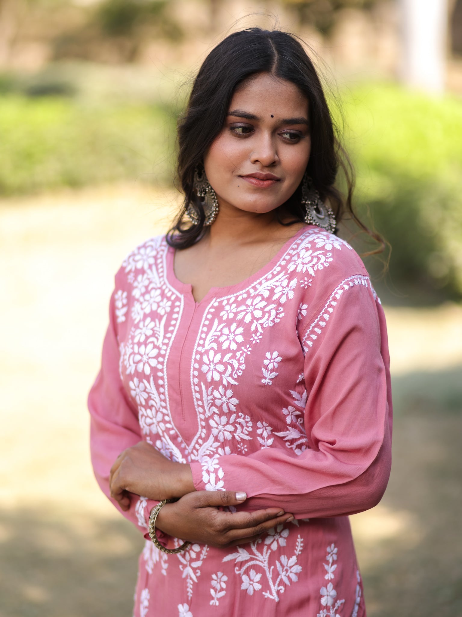 Readymade Floral Heavy Chikankari Rayon Kurti- Peach
