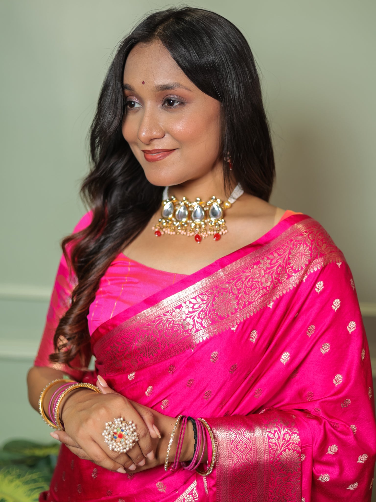 Banarasi Silk Saree With Buti Weaving & Border- Pink
