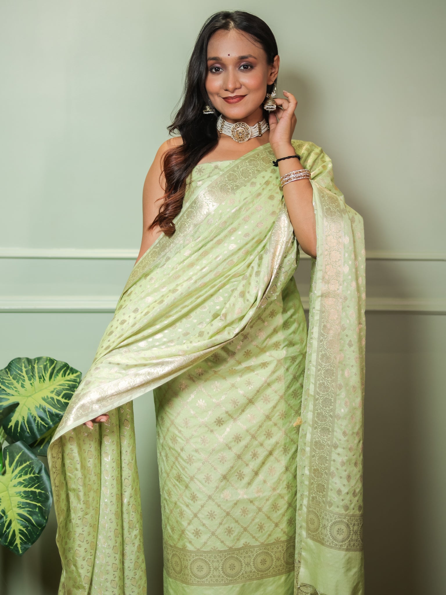Banarasi Semi Katan Salwar Kameez Fabric With Dupatta- Green
