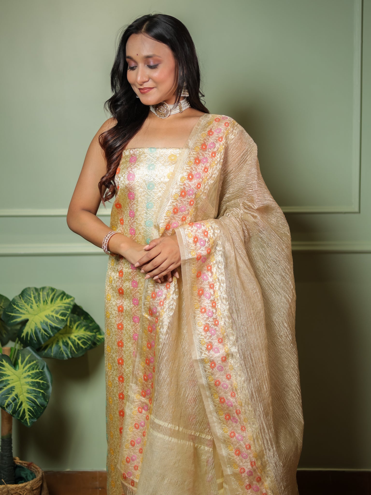 Banarasi Crushed Tissue Salwar Kameez Fabric With Dupatta- Beige