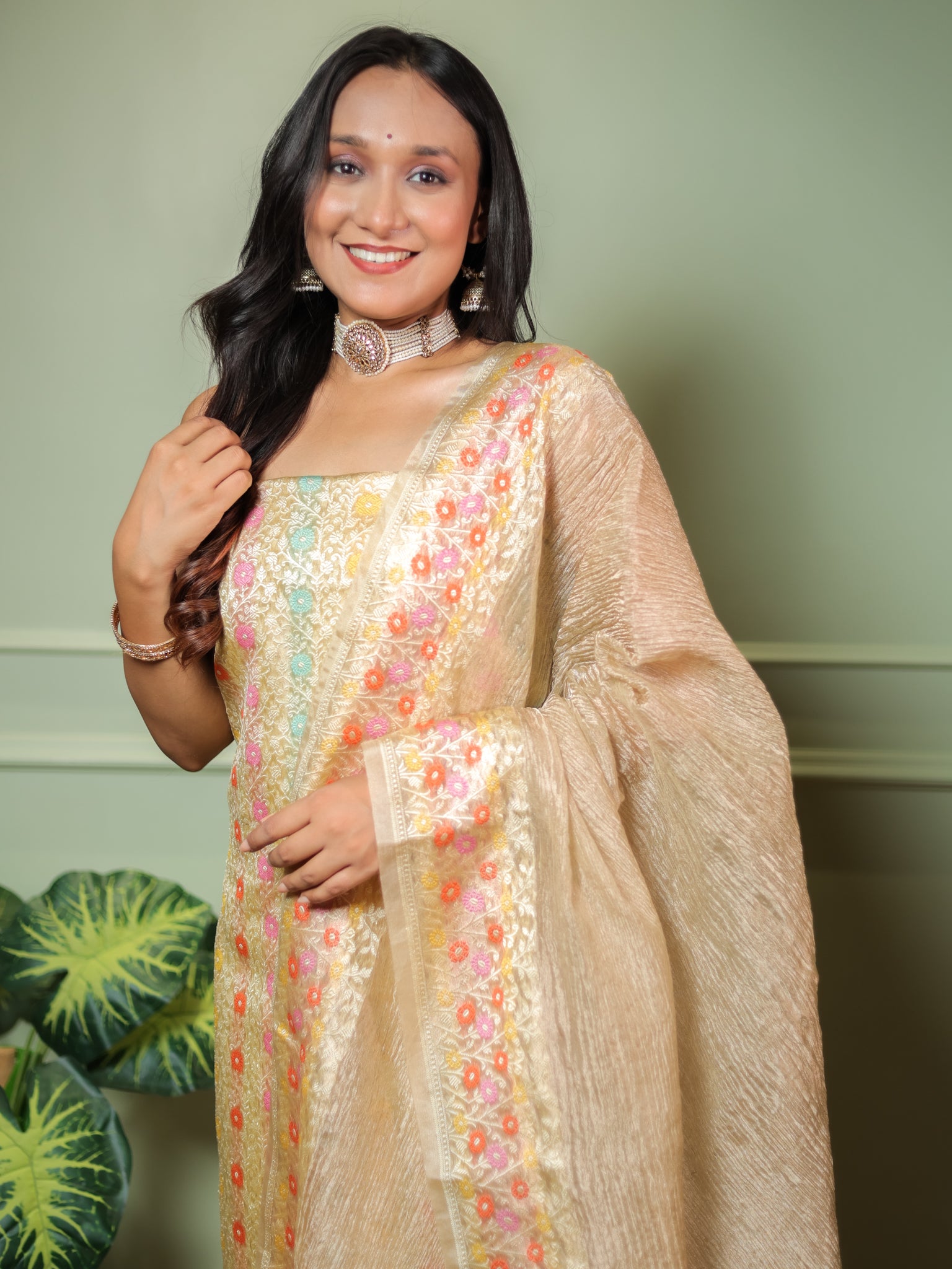 Banarasi Crushed Tissue Salwar Kameez Fabric With Dupatta- Beige