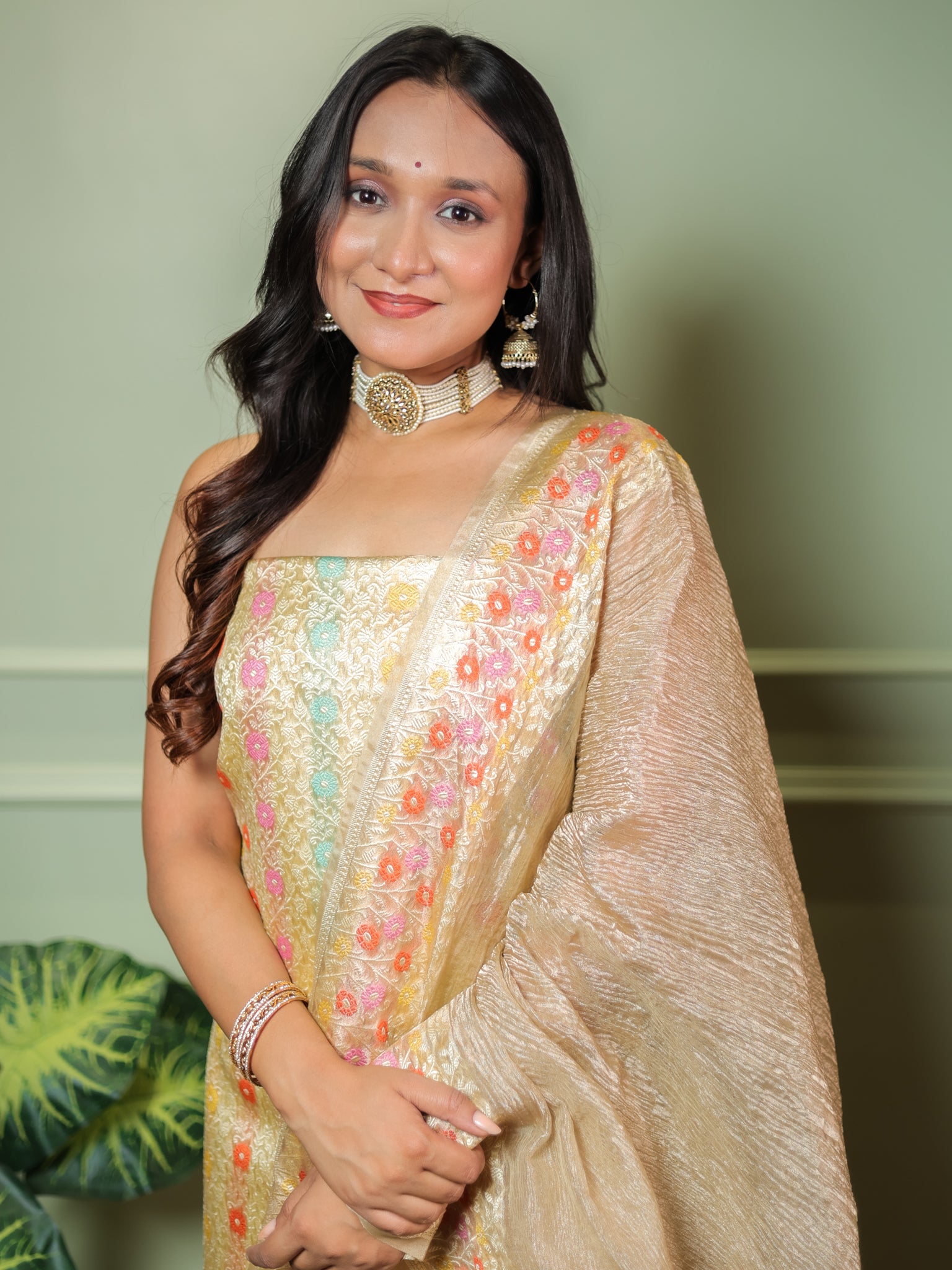 Banarasi Crushed Tissue Salwar Kameez Fabric With Dupatta- Beige