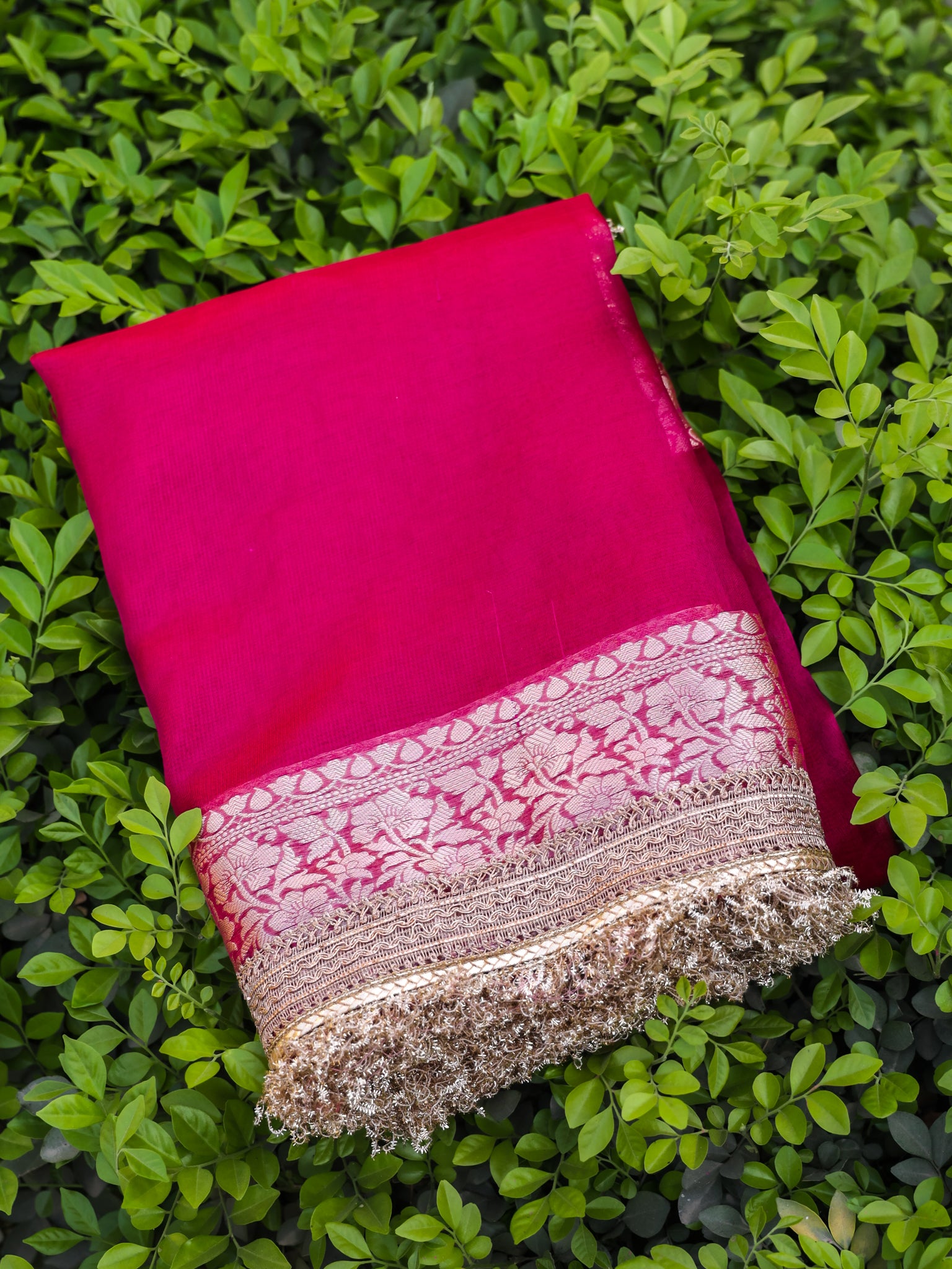 Banarasi Tissue Saree With Silver Zari & Lace Border - Magenta
