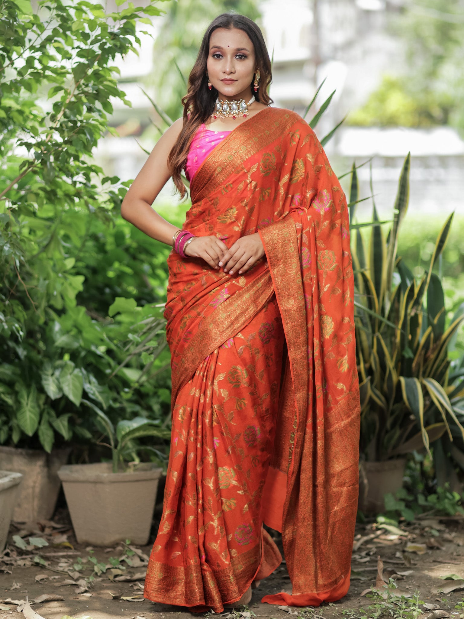 Banaras Pure Georgette Saree With Resham Weaving-Orange