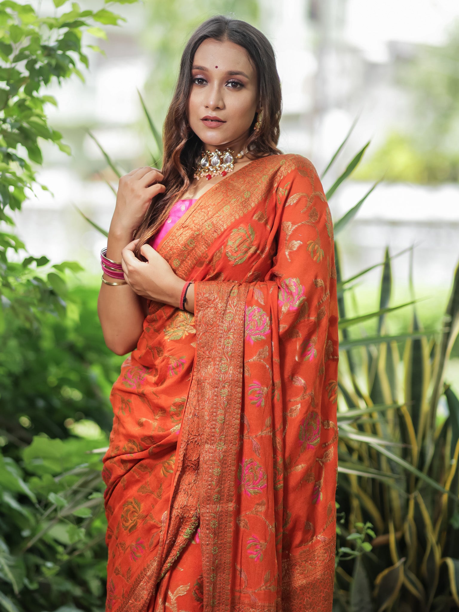 Banaras Pure Georgette Saree With Resham Weaving-Orange