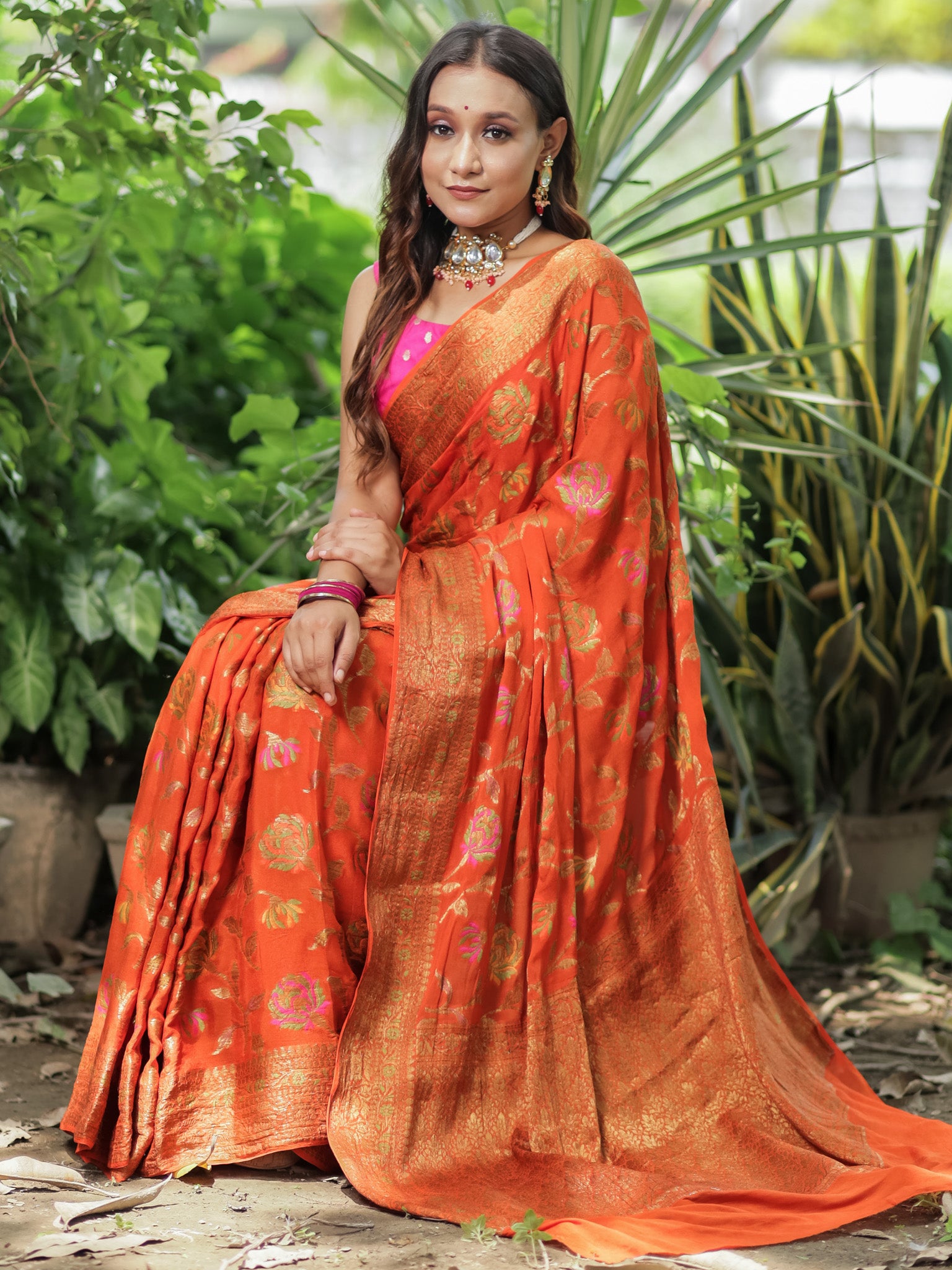 Banaras Pure Georgette Saree With Resham Weaving-Orange
