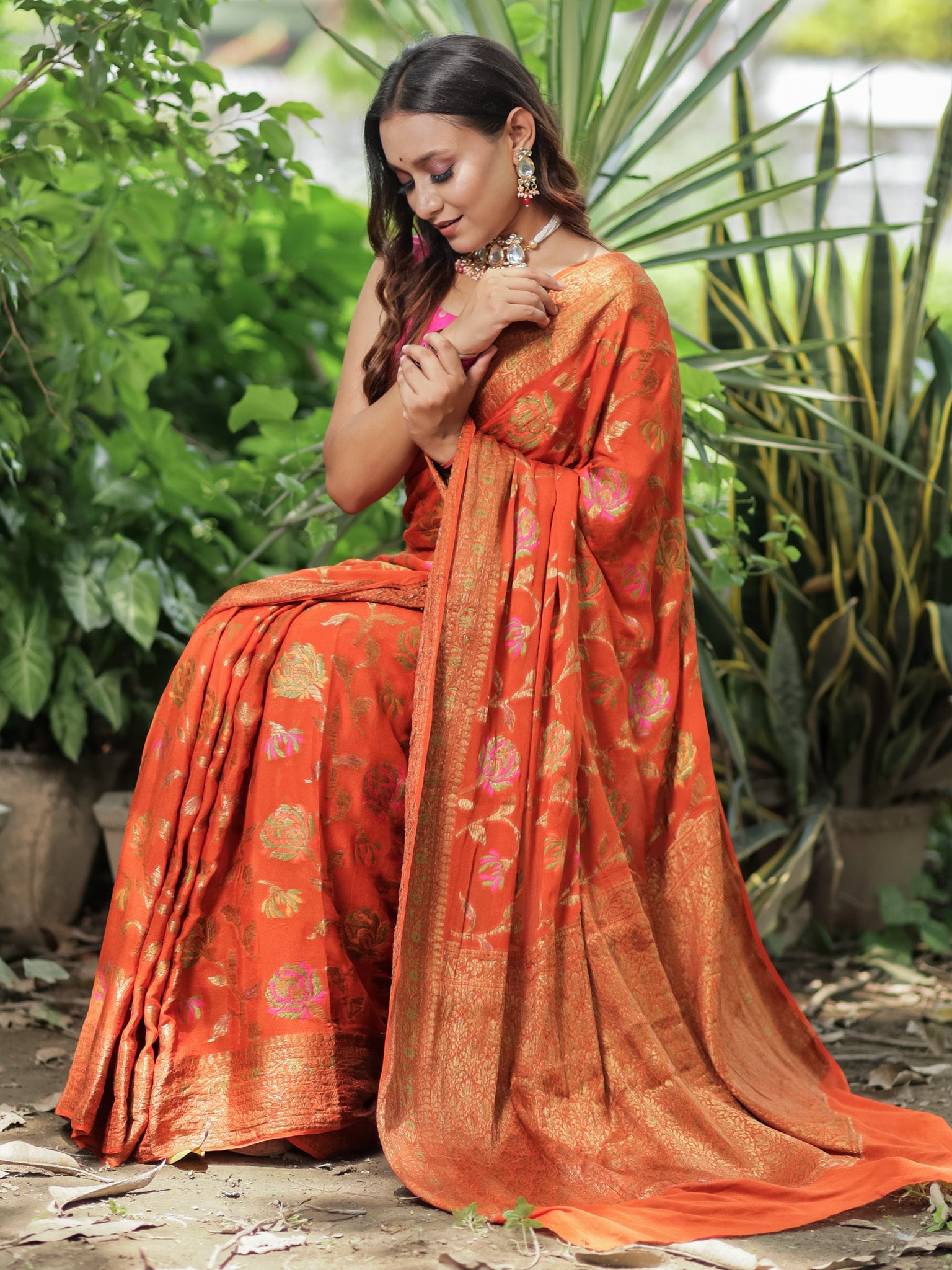 Banaras Pure Georgette Saree With Resham Weaving-Orange
