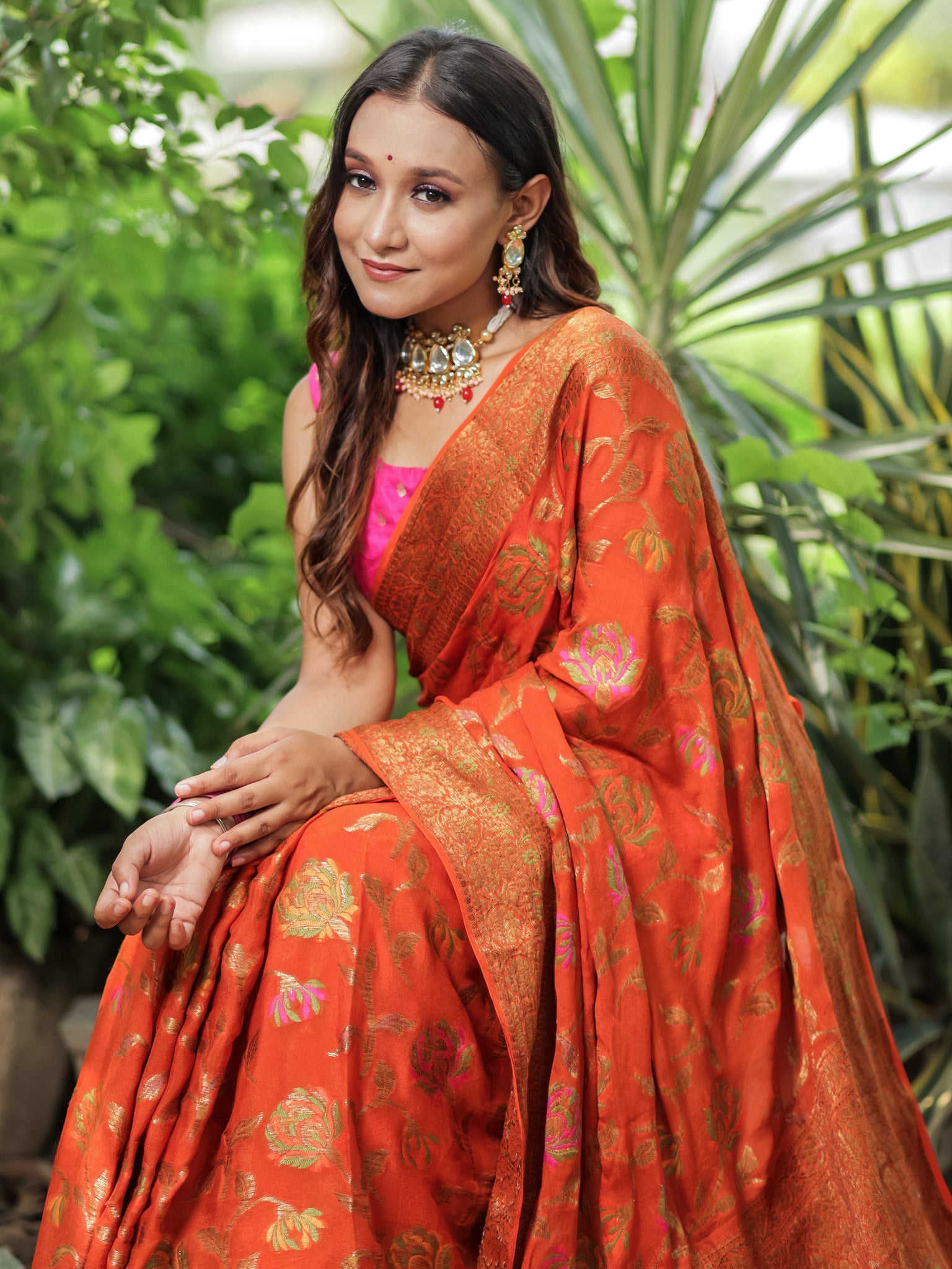 Banaras Pure Georgette Saree With Resham Weaving-Orange