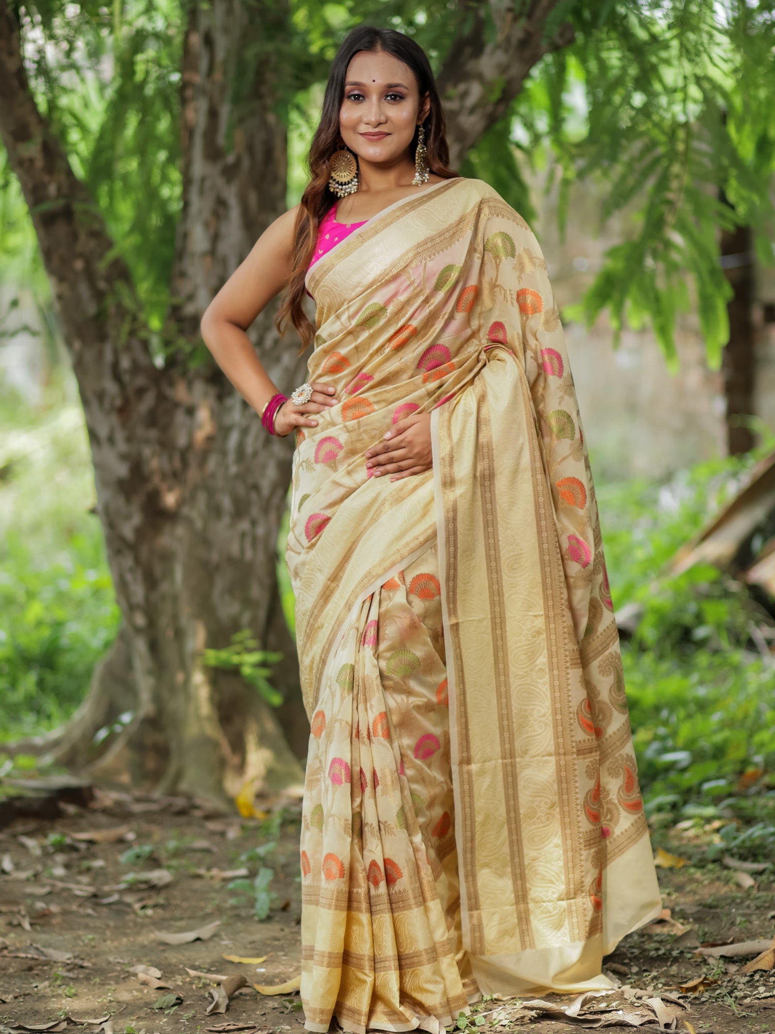 Banarasi Cotton Silk Saree With Resham Weaving & Border-Beige