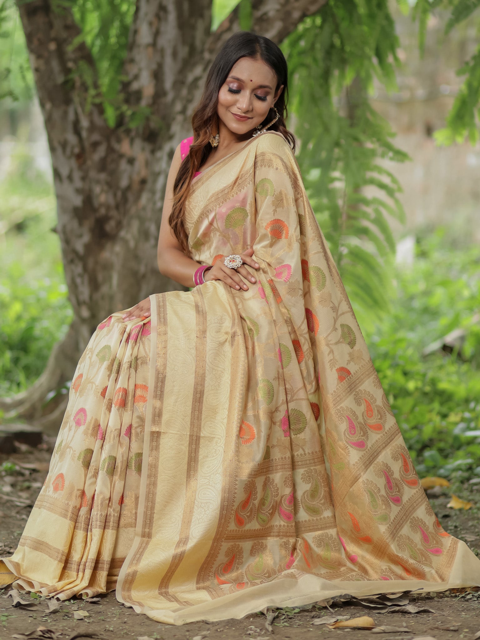 Banarasi Cotton Silk Saree With Resham Weaving & Border-Beige