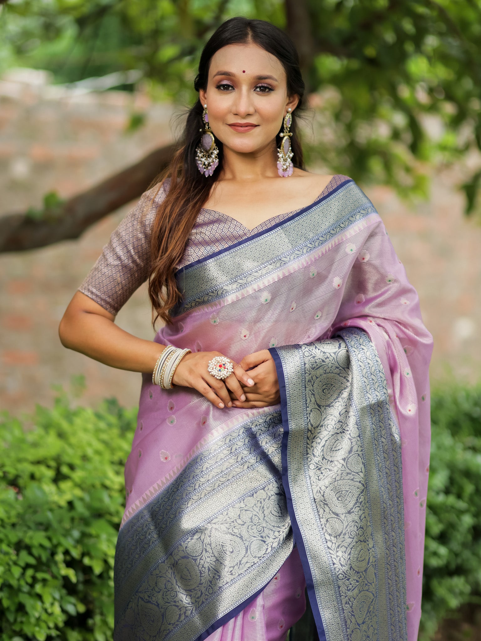 Banarasi Organza Mix Saree With Zari Weaving & Border-Pink