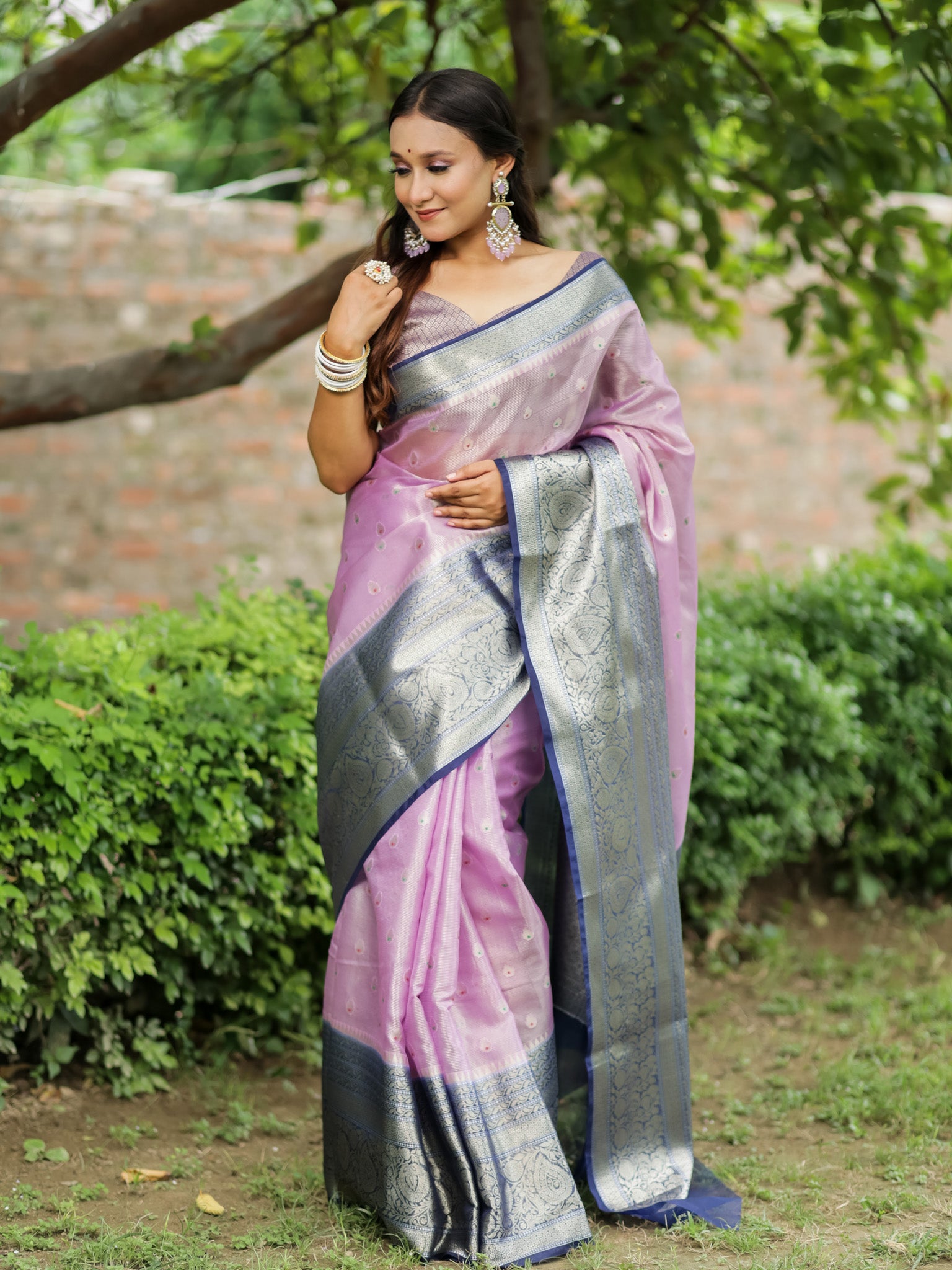 Banarasi Organza Mix Saree With Zari Weaving & Border-Pink