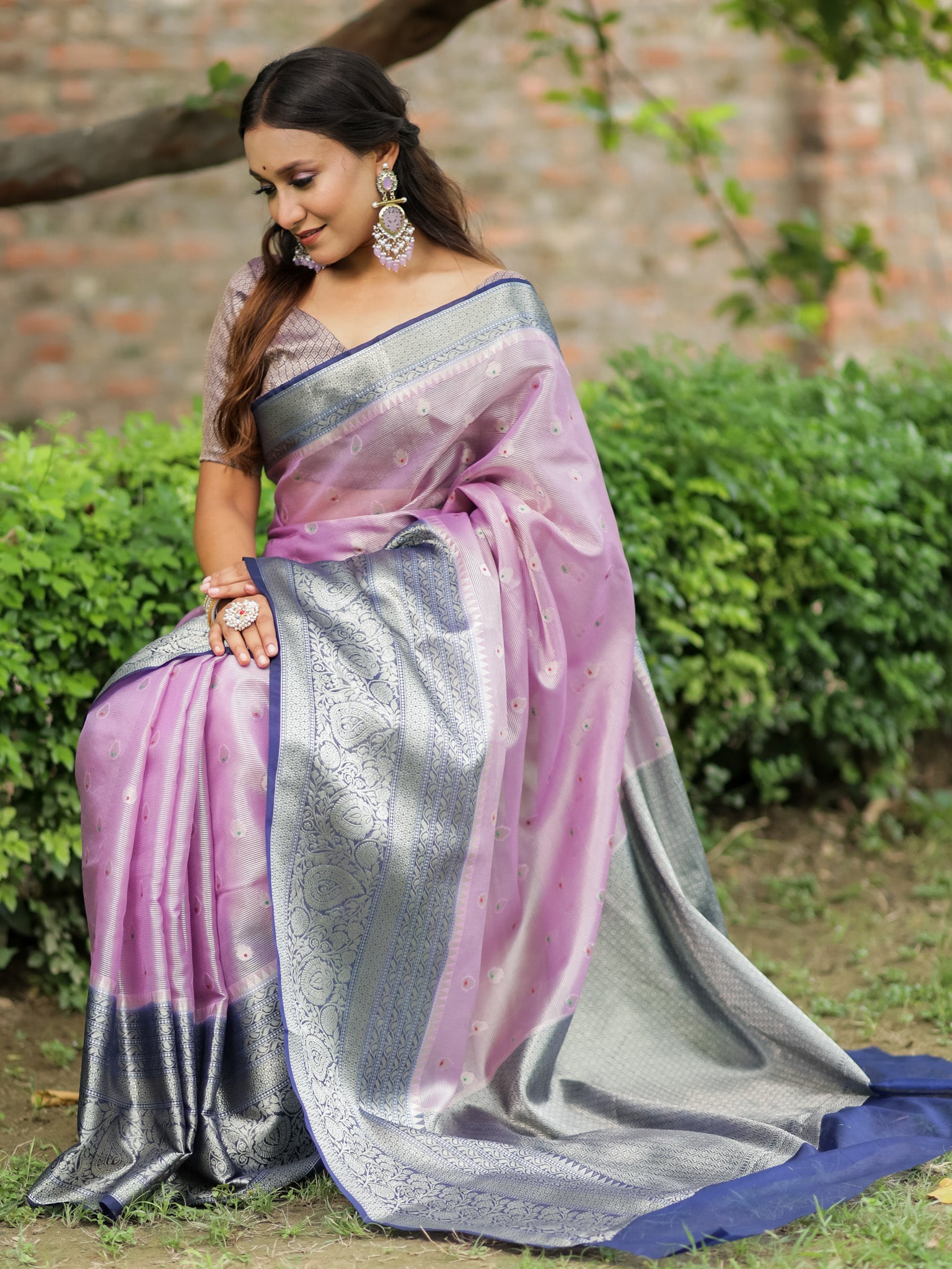 Banarasi Organza Mix Saree With Zari Weaving & Border-Pink