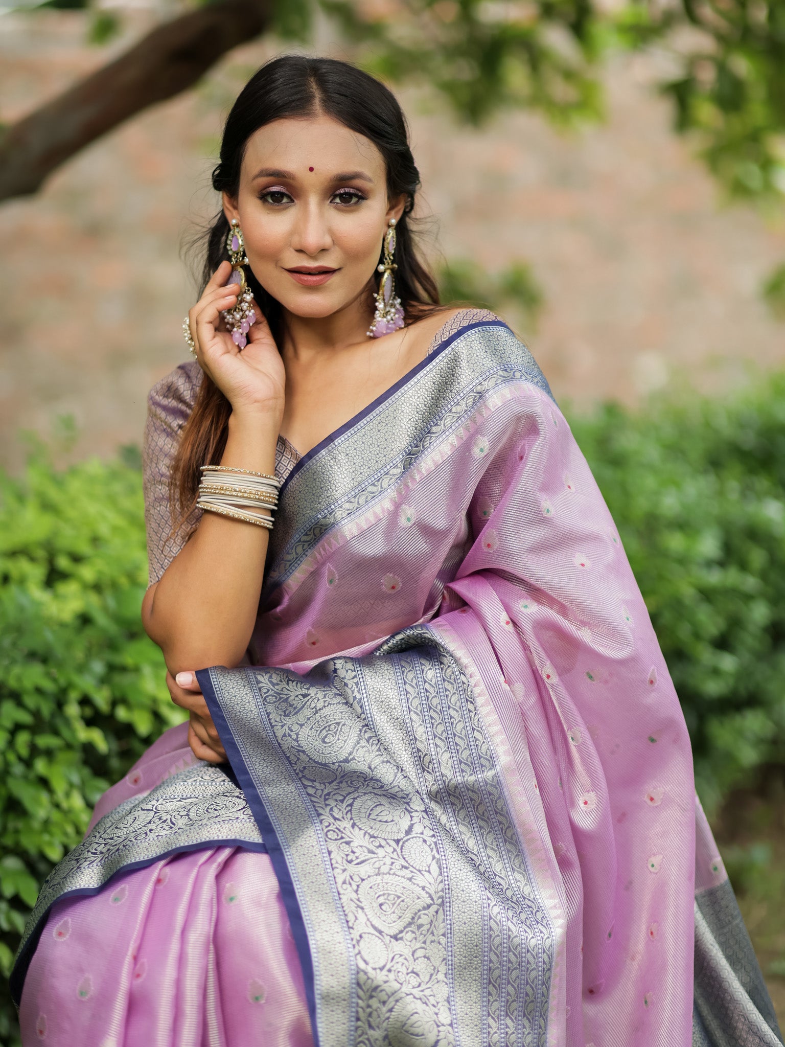 Banarasi Organza Mix Saree With Zari Weaving & Border-Pink