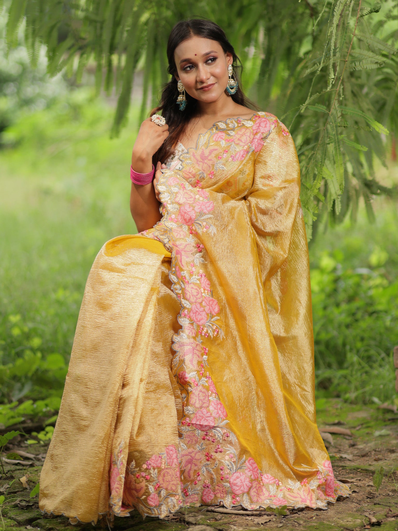 Banarasi Crushed Tissue Saree With Embroidered Border-Yellow