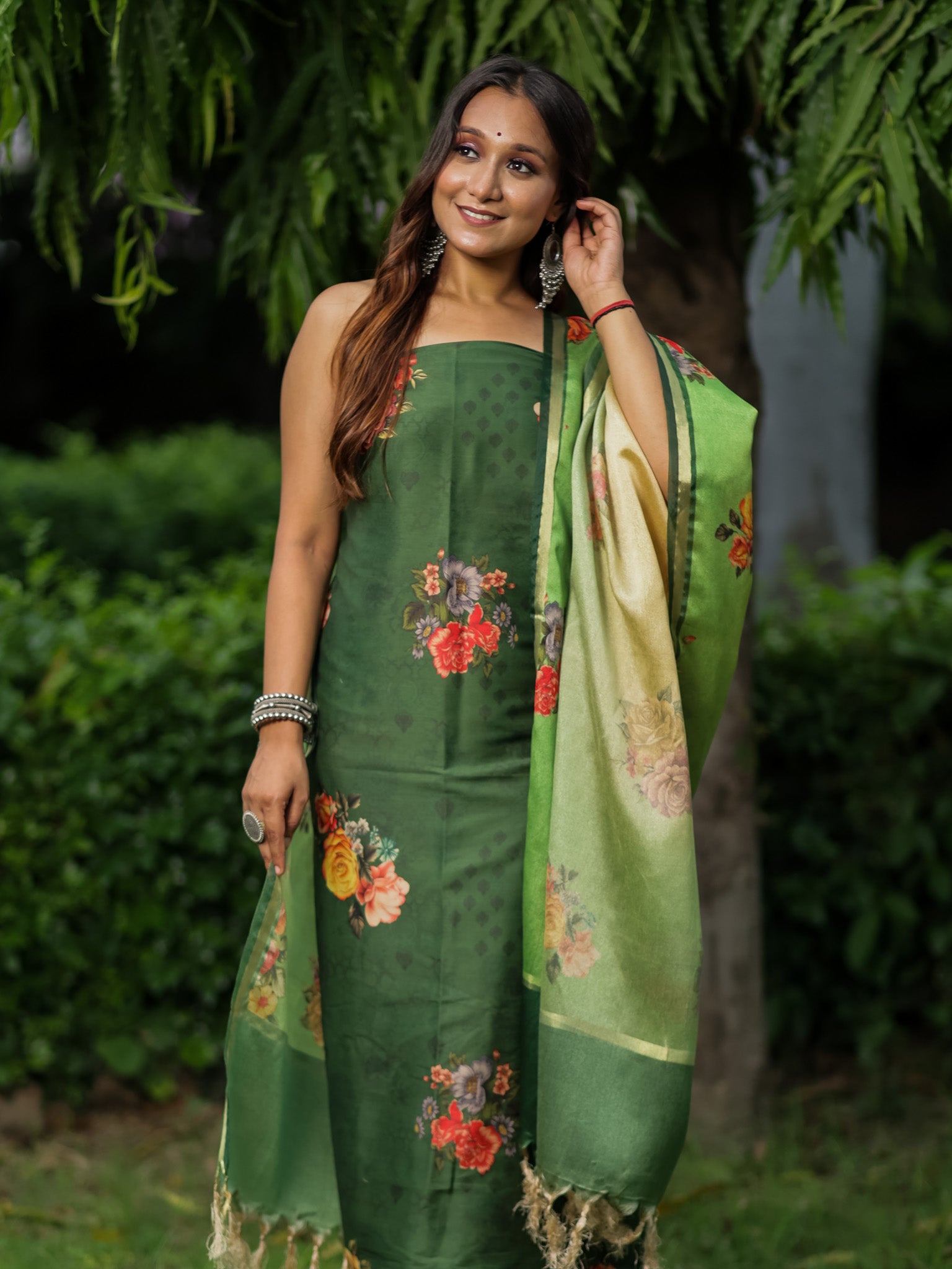 Banarasi Semi Silk Salwar Kameez Fabric With Floral Printed Dupatta-Green