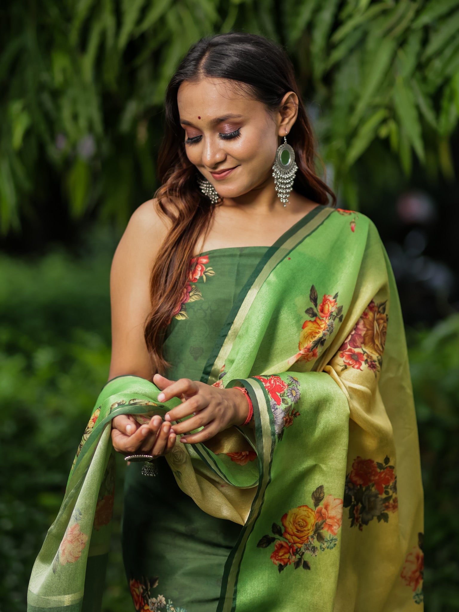 Banarasi Semi Silk Salwar Kameez Fabric With Floral Printed Dupatta-Green