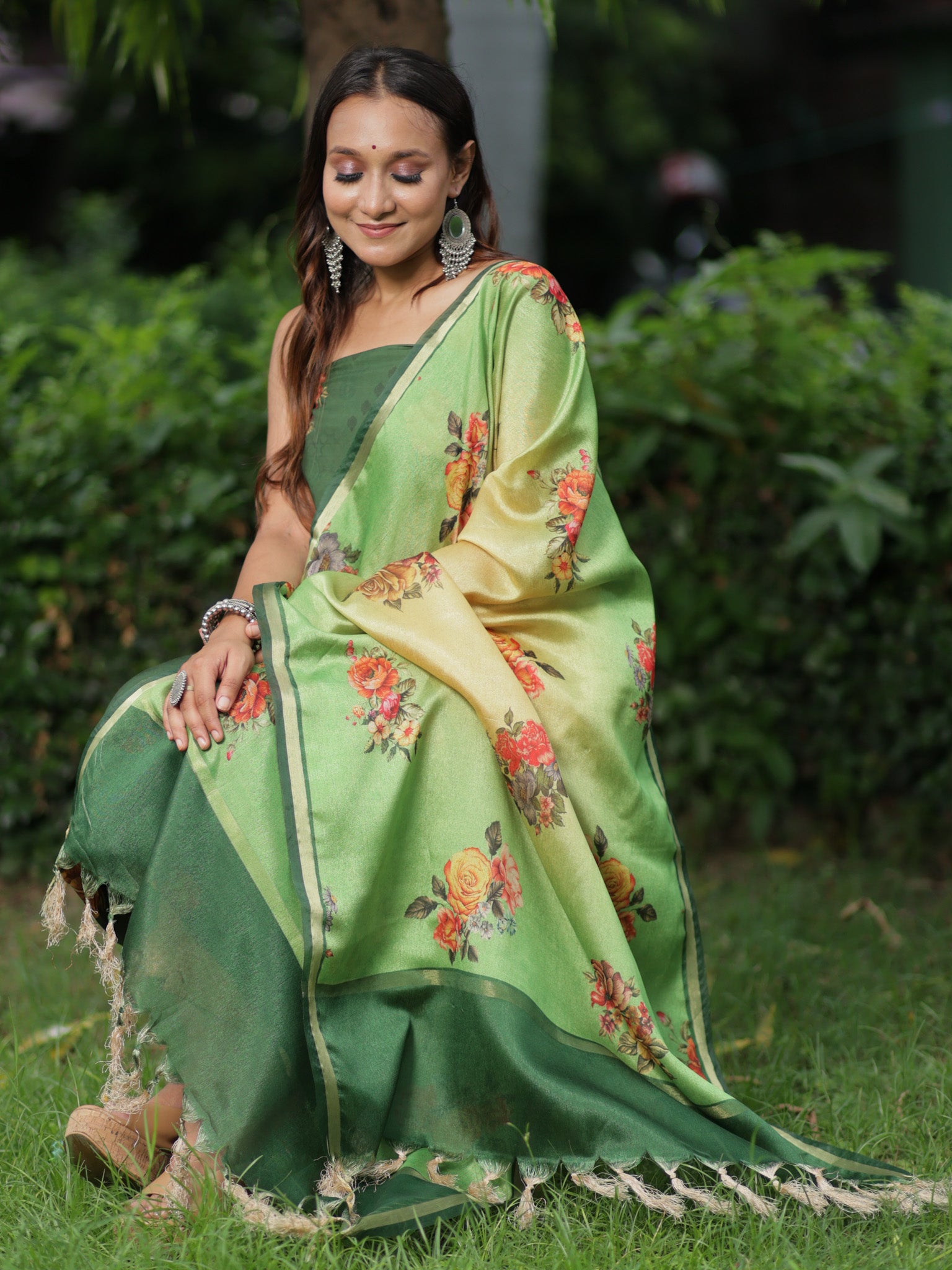 Banarasi Semi Silk Salwar Kameez Fabric With Floral Printed Dupatta-Green