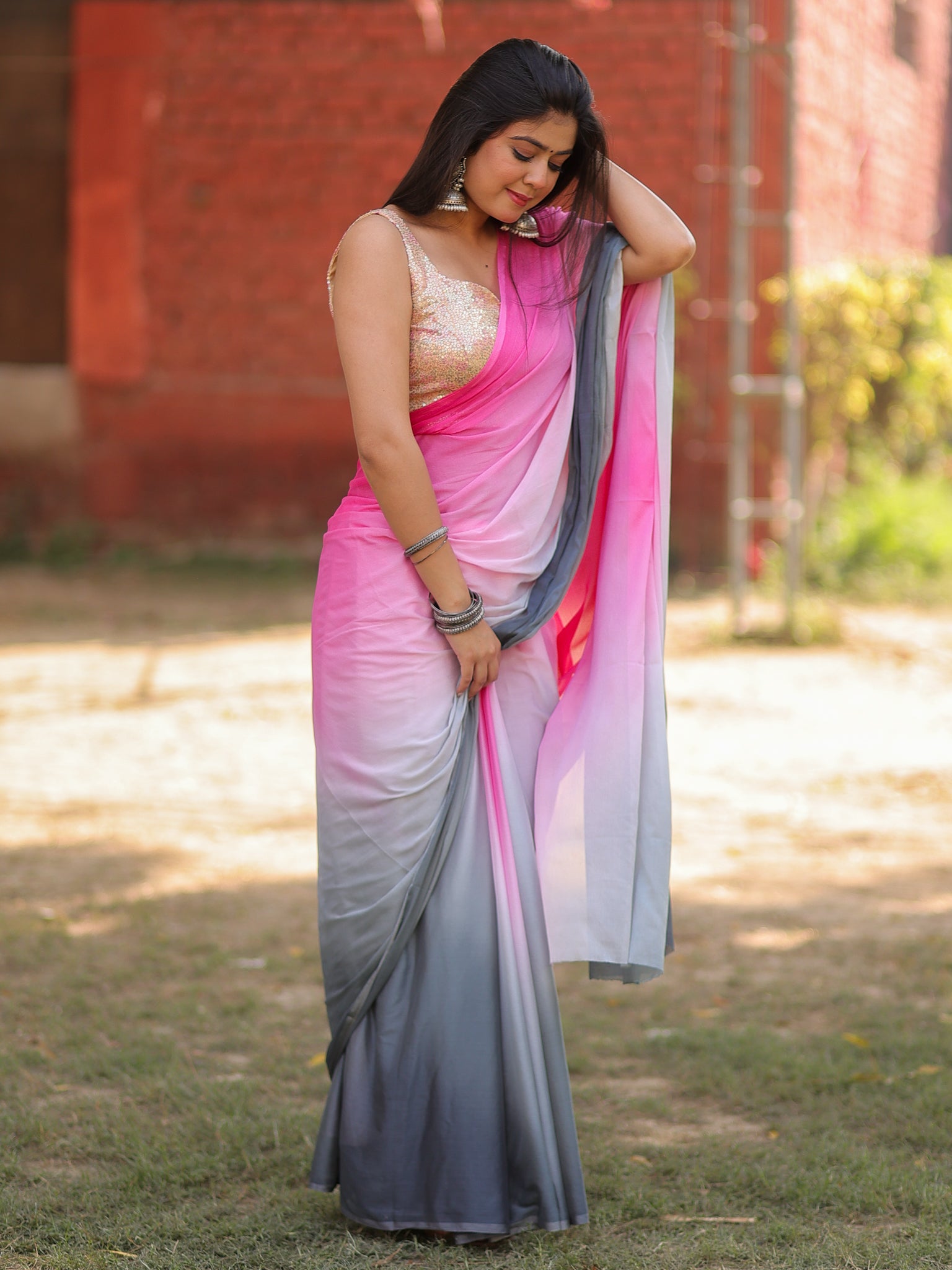 Shaded Chiffon Saree - Grey & Pink