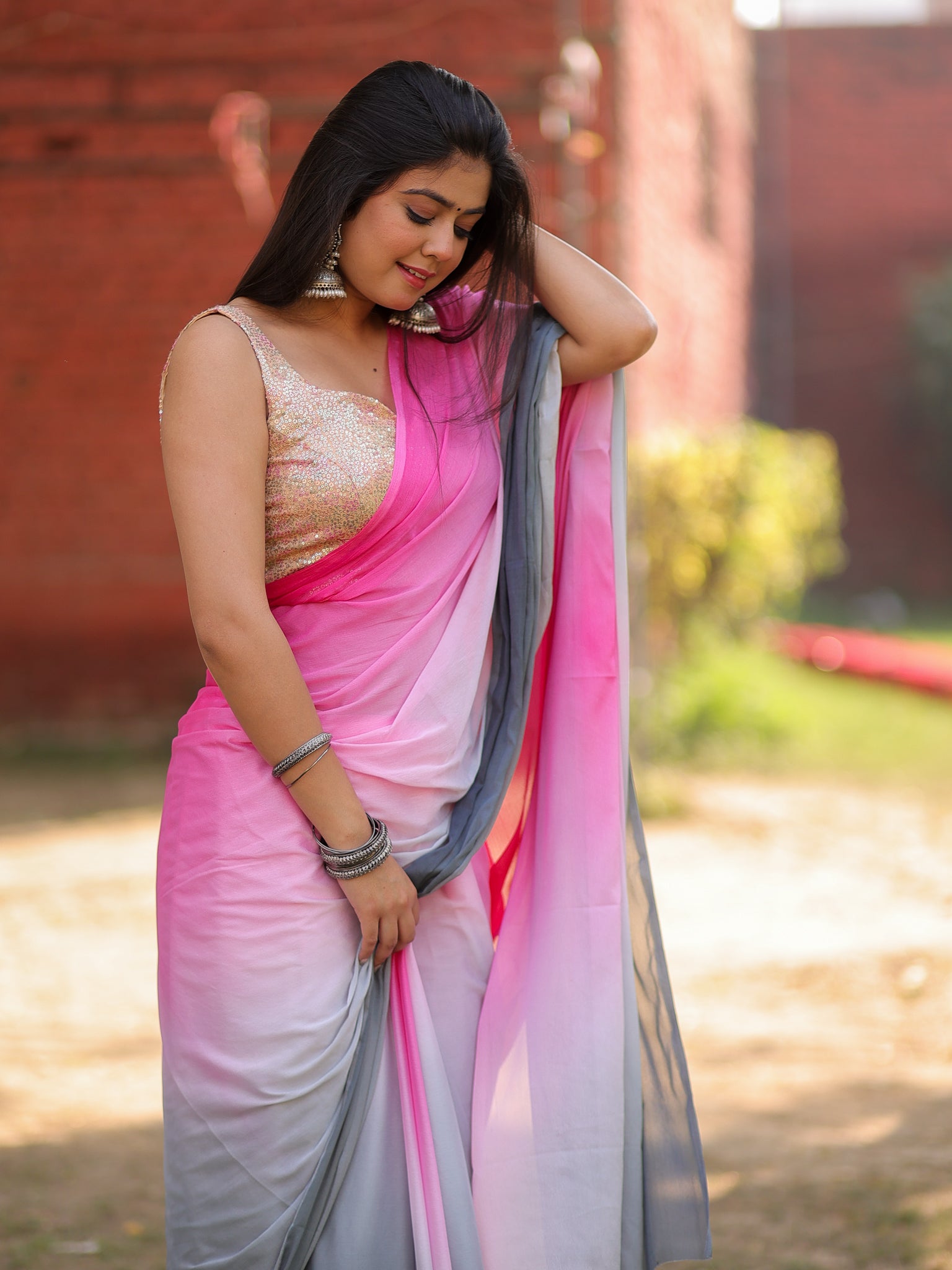 Shaded Chiffon Saree - Grey & Pink