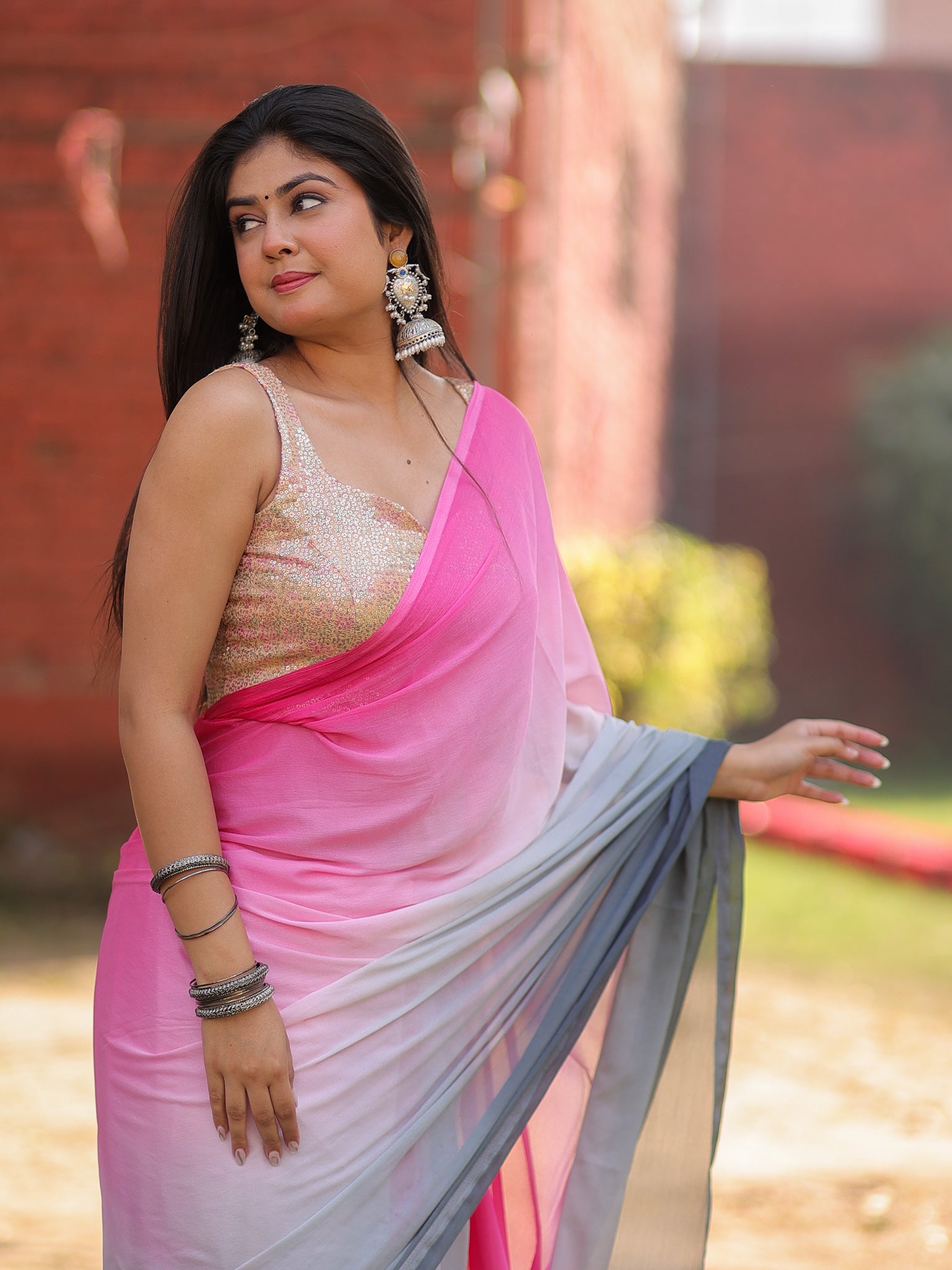 Shaded Chiffon Saree - Grey & Pink