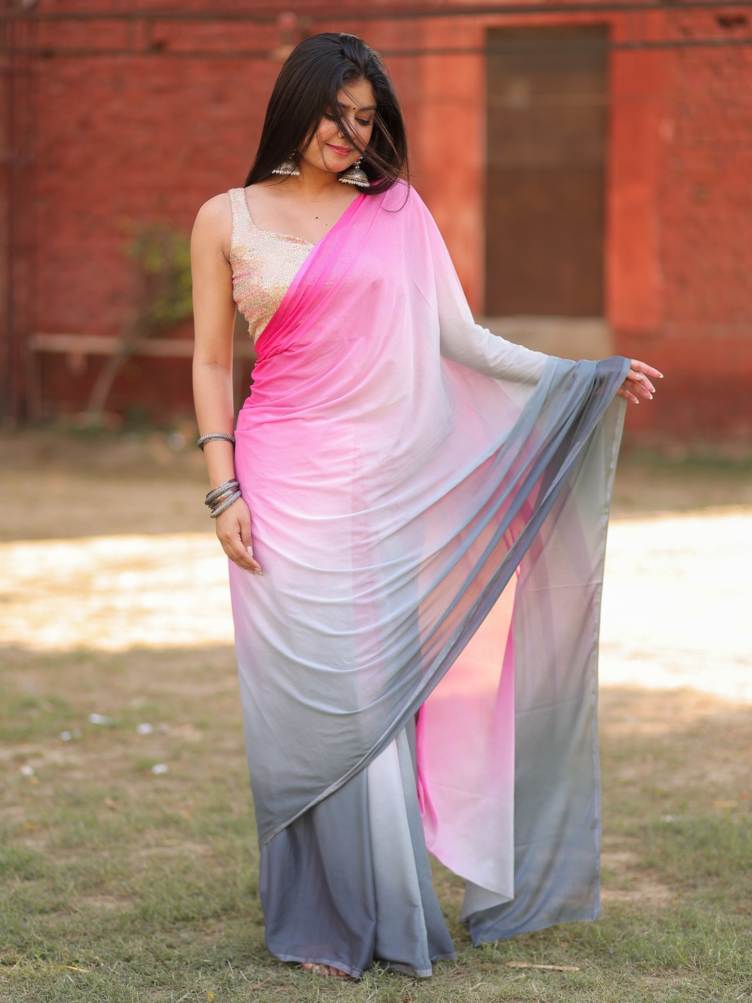 Shaded Chiffon Saree - Grey & Pink
