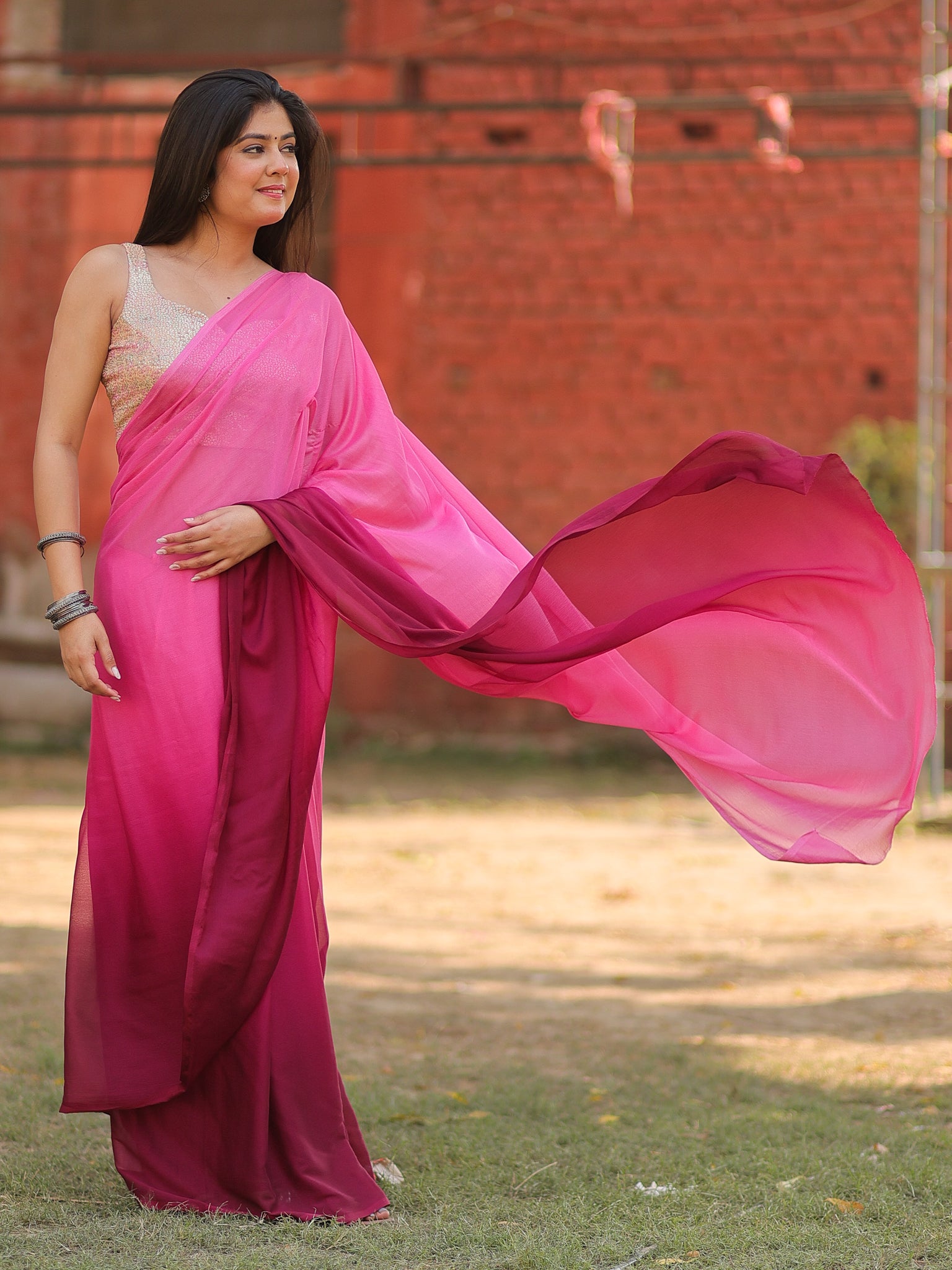 Shaded Chiffon Saree - Pink