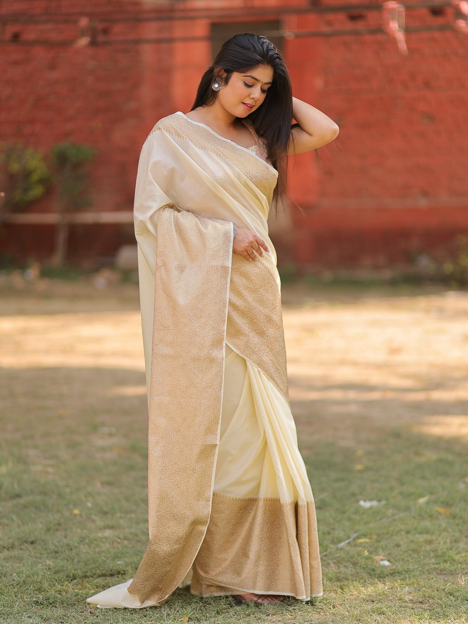 Banarasi Cotton Silk Saree With Plain Skirt Border- Off White