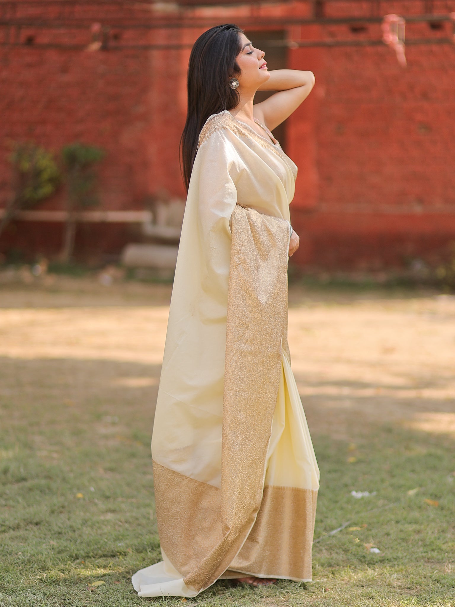 Banarasi Cotton Silk Saree With Plain Skirt Border- Off White