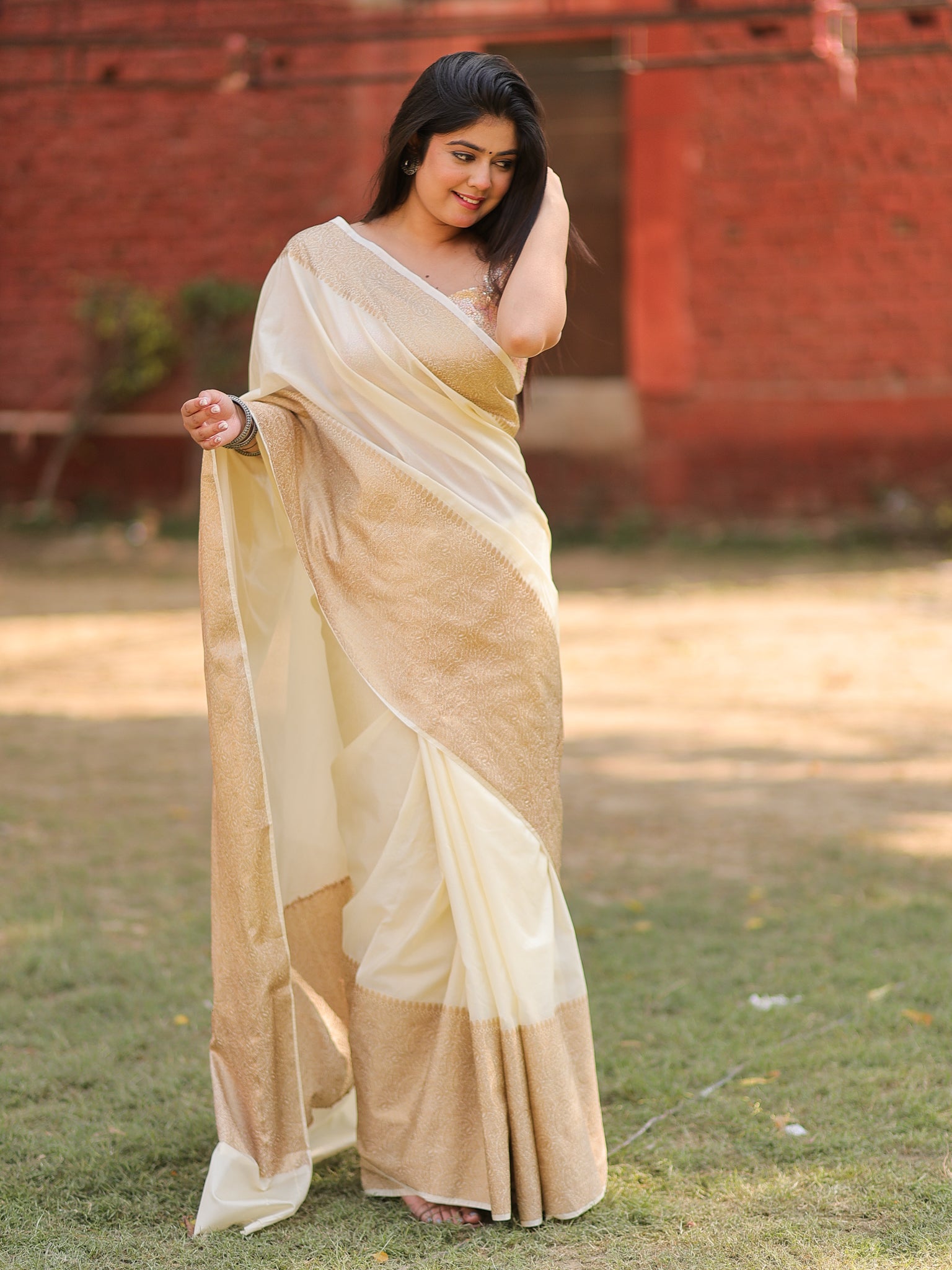 Banarasi Cotton Silk Saree With Plain Skirt Border- Off White