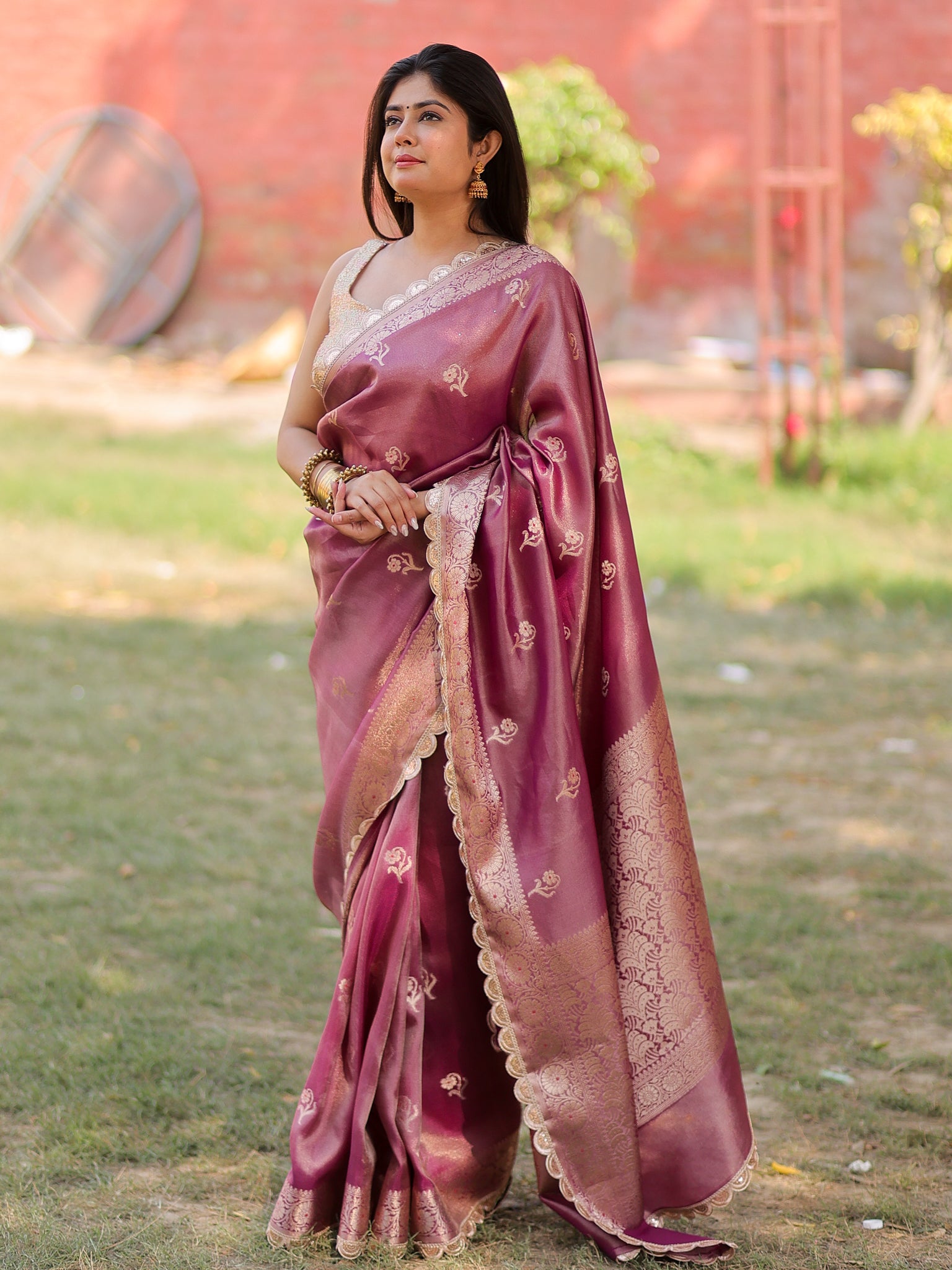 Banarasi Tissue Saree With Zari Weaving & Lace Border- Mauve