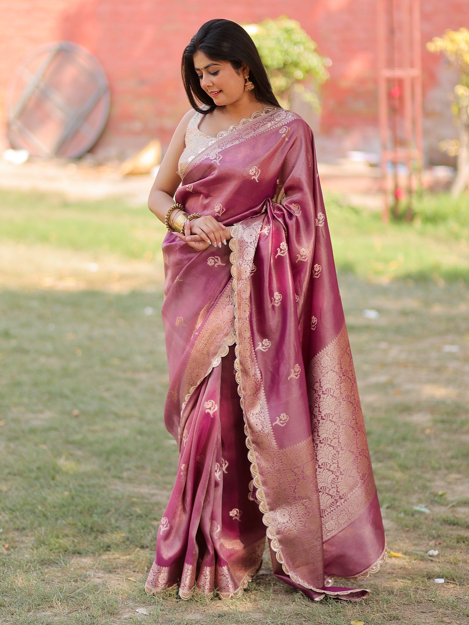 Banarasi Tissue Saree With Zari Weaving & Lace Border- Mauve