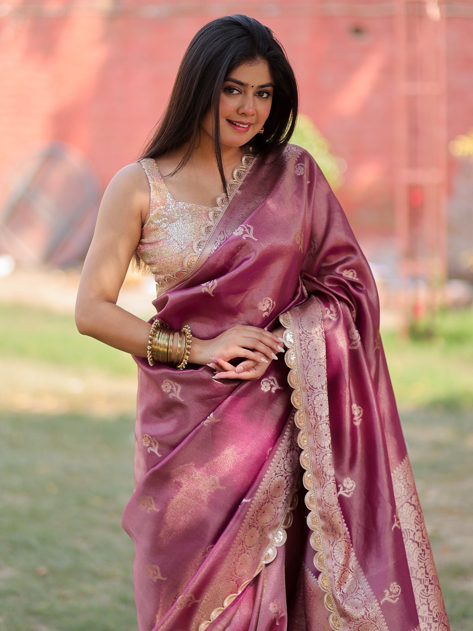 Banarasi Tissue Saree With Zari Weaving & Lace Border- Mauve