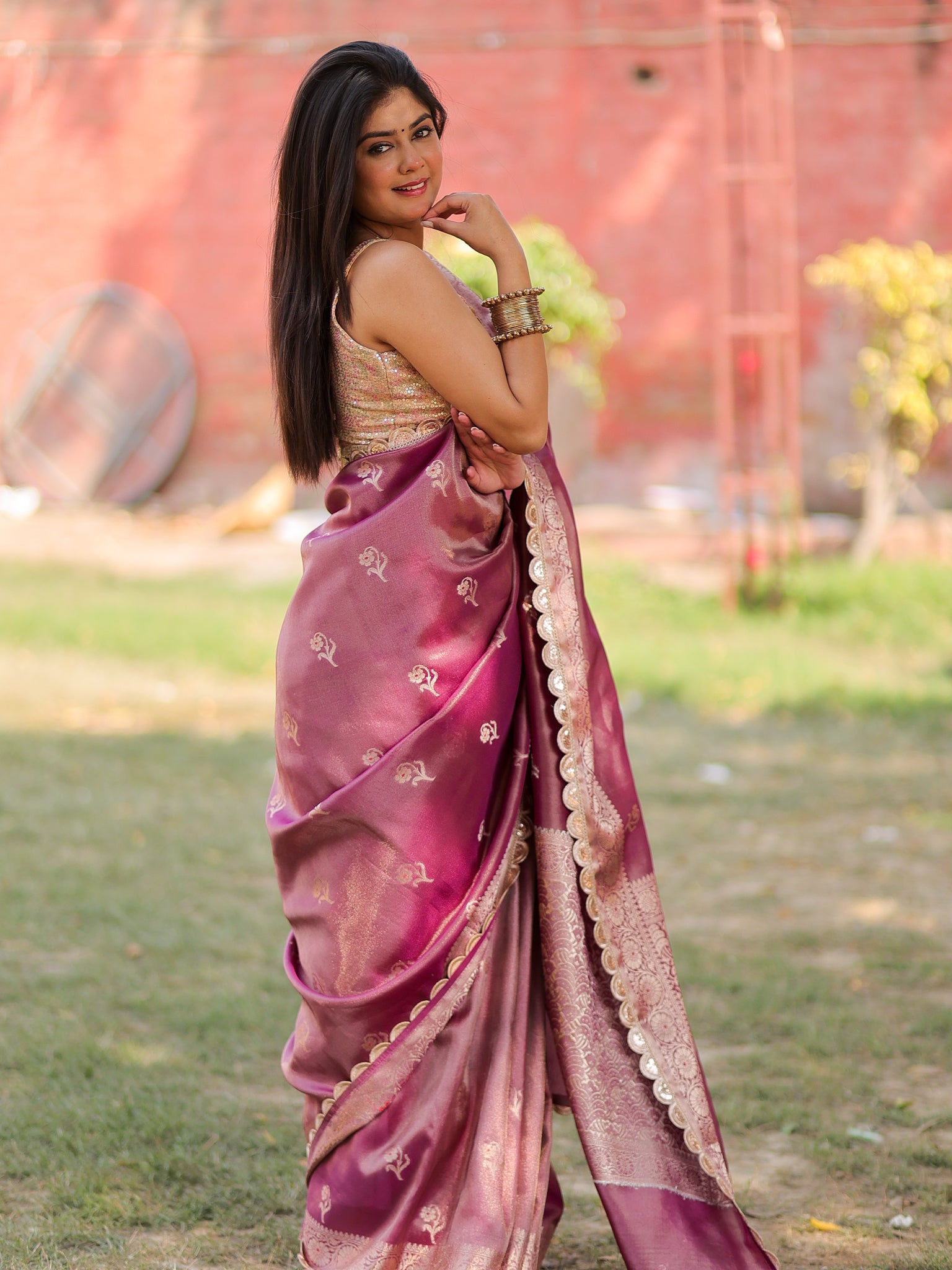 Banarasi Tissue Saree With Zari Weaving & Lace Border- Mauve