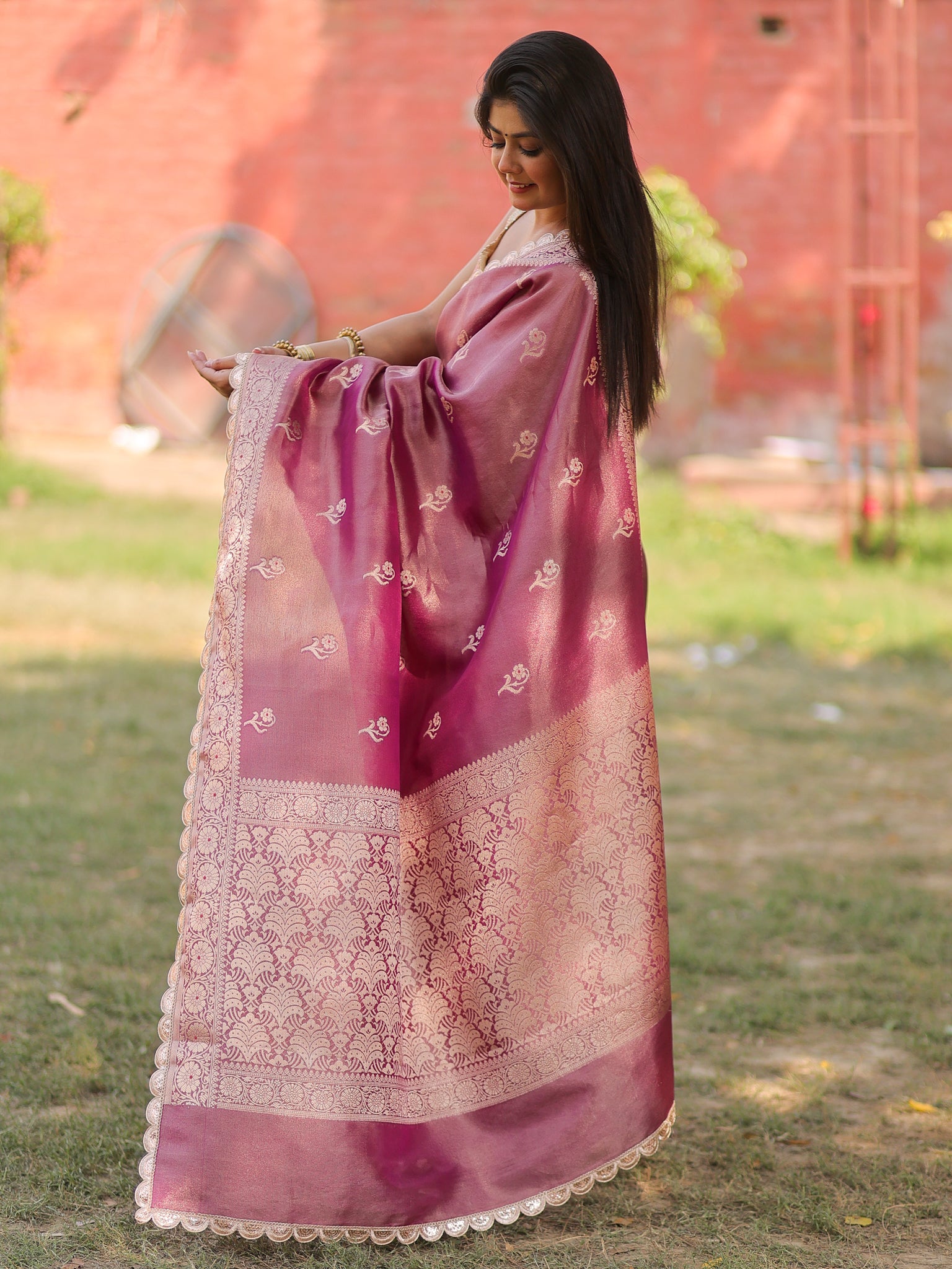 Banarasi Tissue Saree With Zari Weaving & Lace Border- Mauve