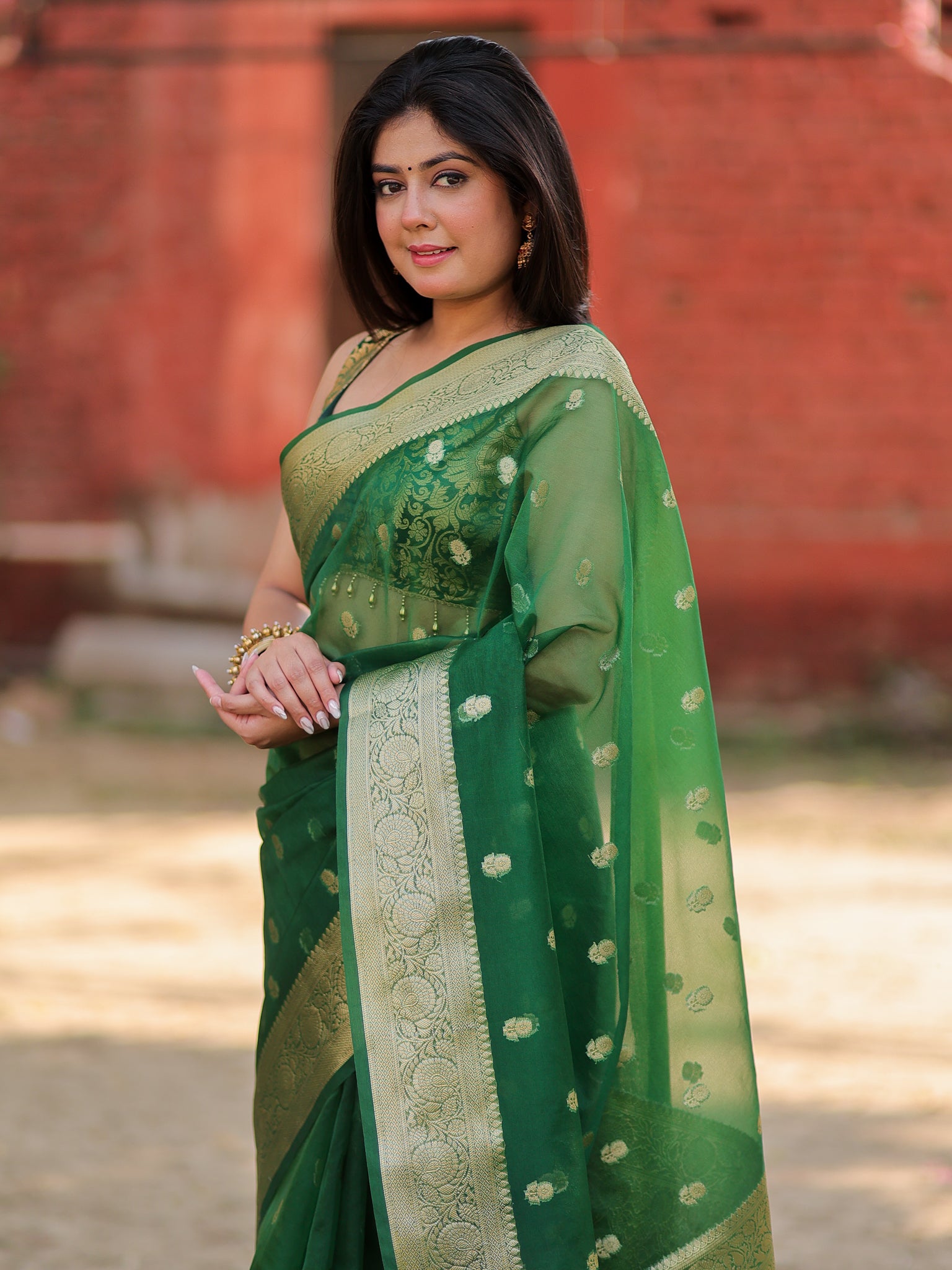 Banarasi Cotton Silk Saree With Zari Weaving & Border- Green