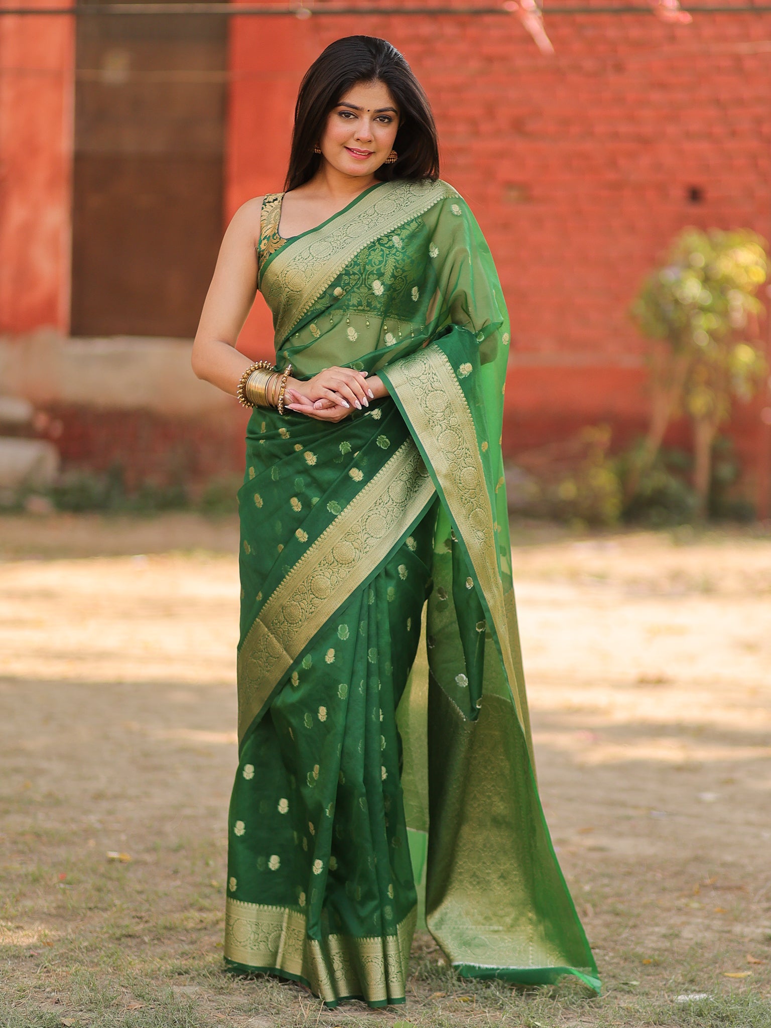 Banarasi Cotton Silk Saree With Zari Weaving & Border- Green