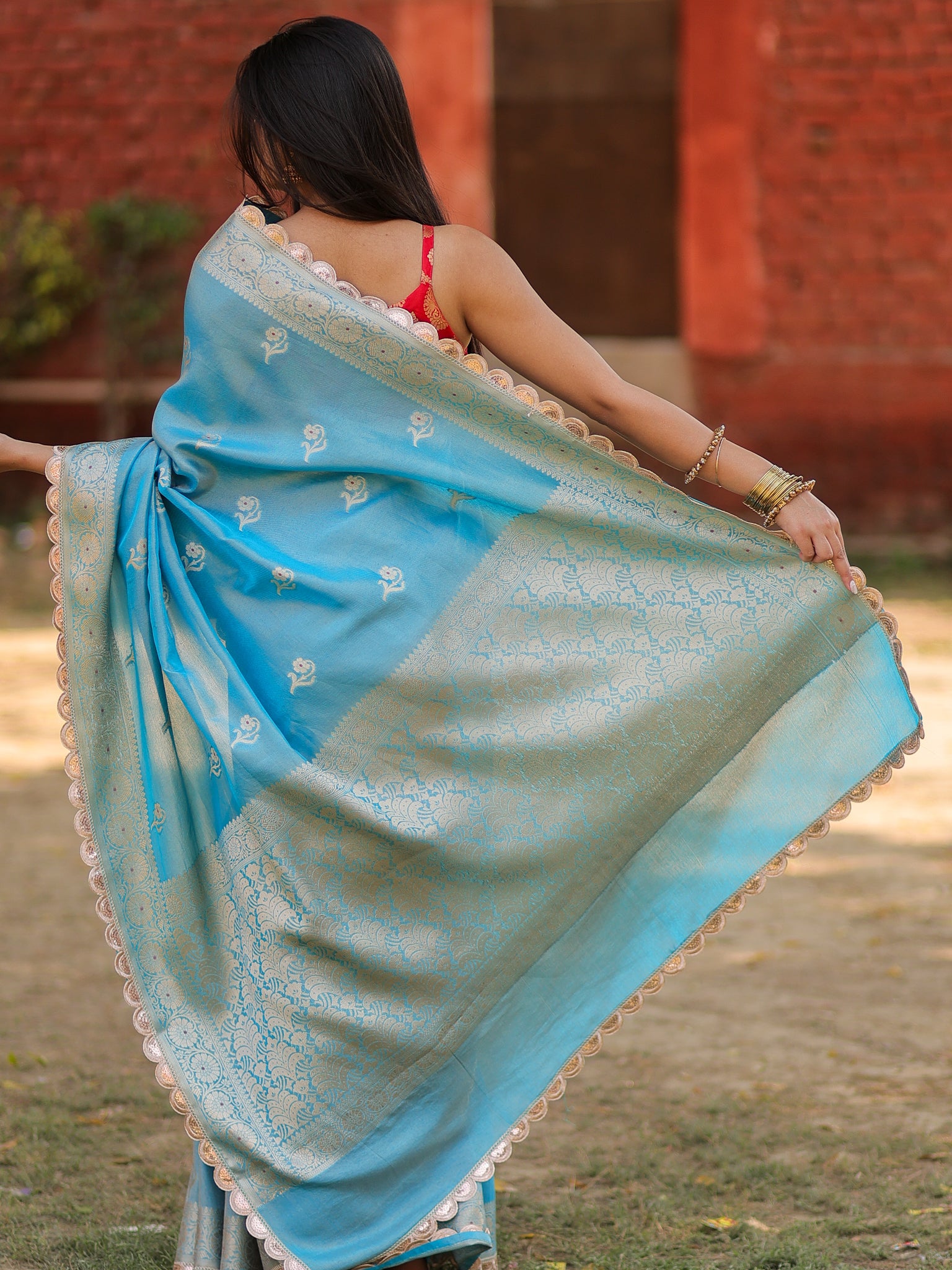 Banarasi Tissue Saree With Zari Weaving & Lace Border- Blue