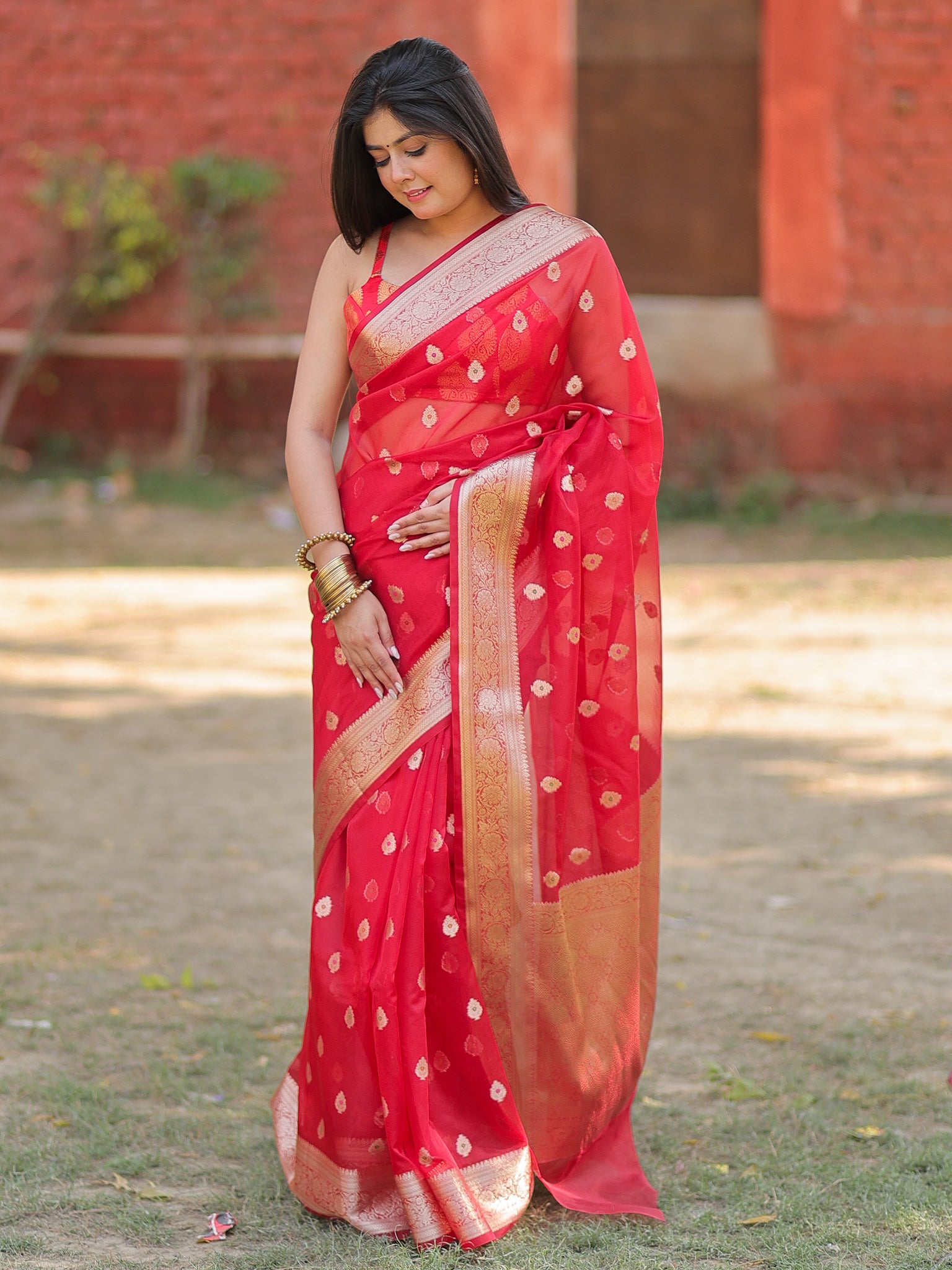 Banarasi Organza Mix Saree With Zari Weaving & Border- Red