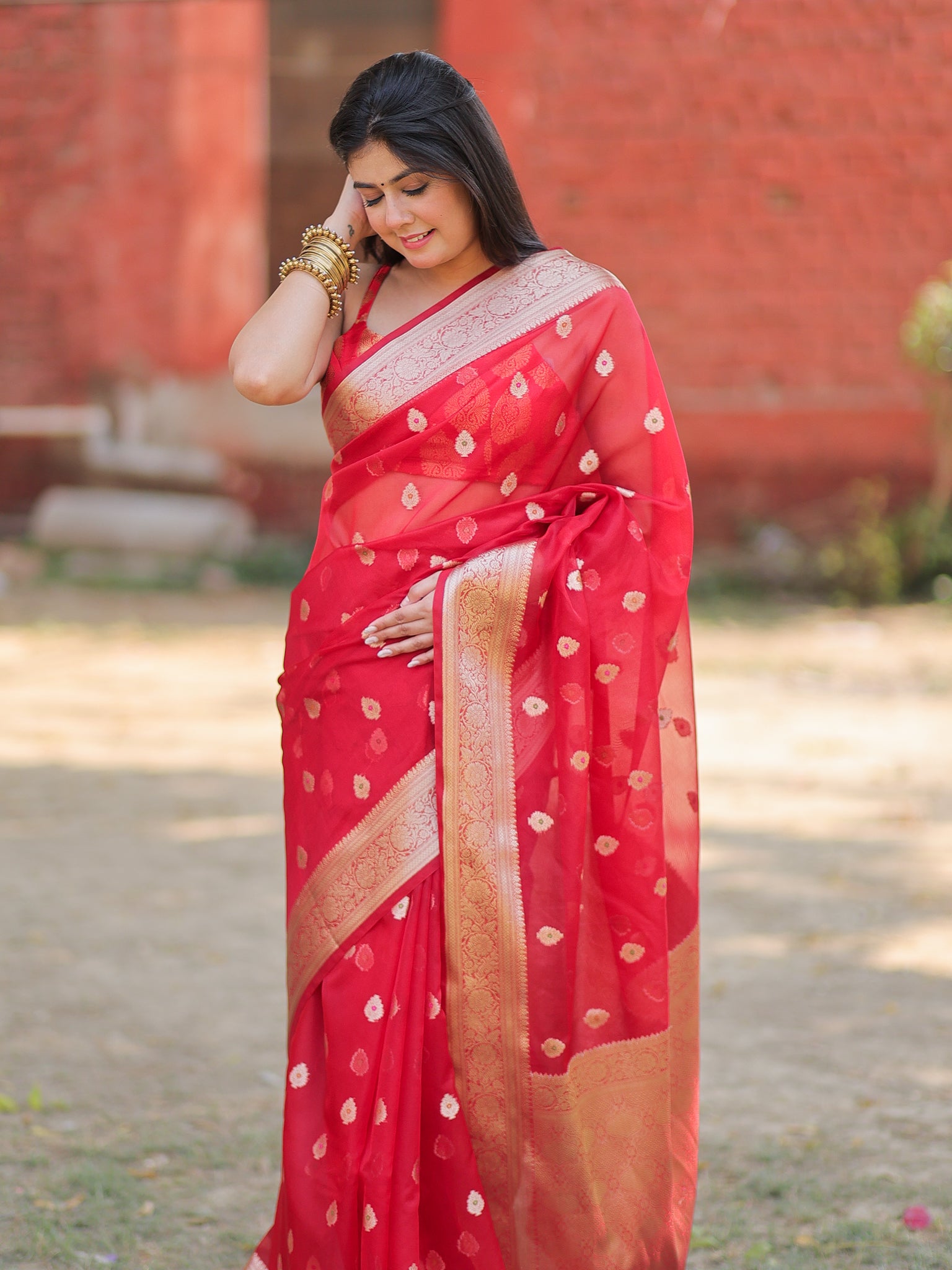 Banarasi Organza Mix Saree With Zari Weaving & Border- Red