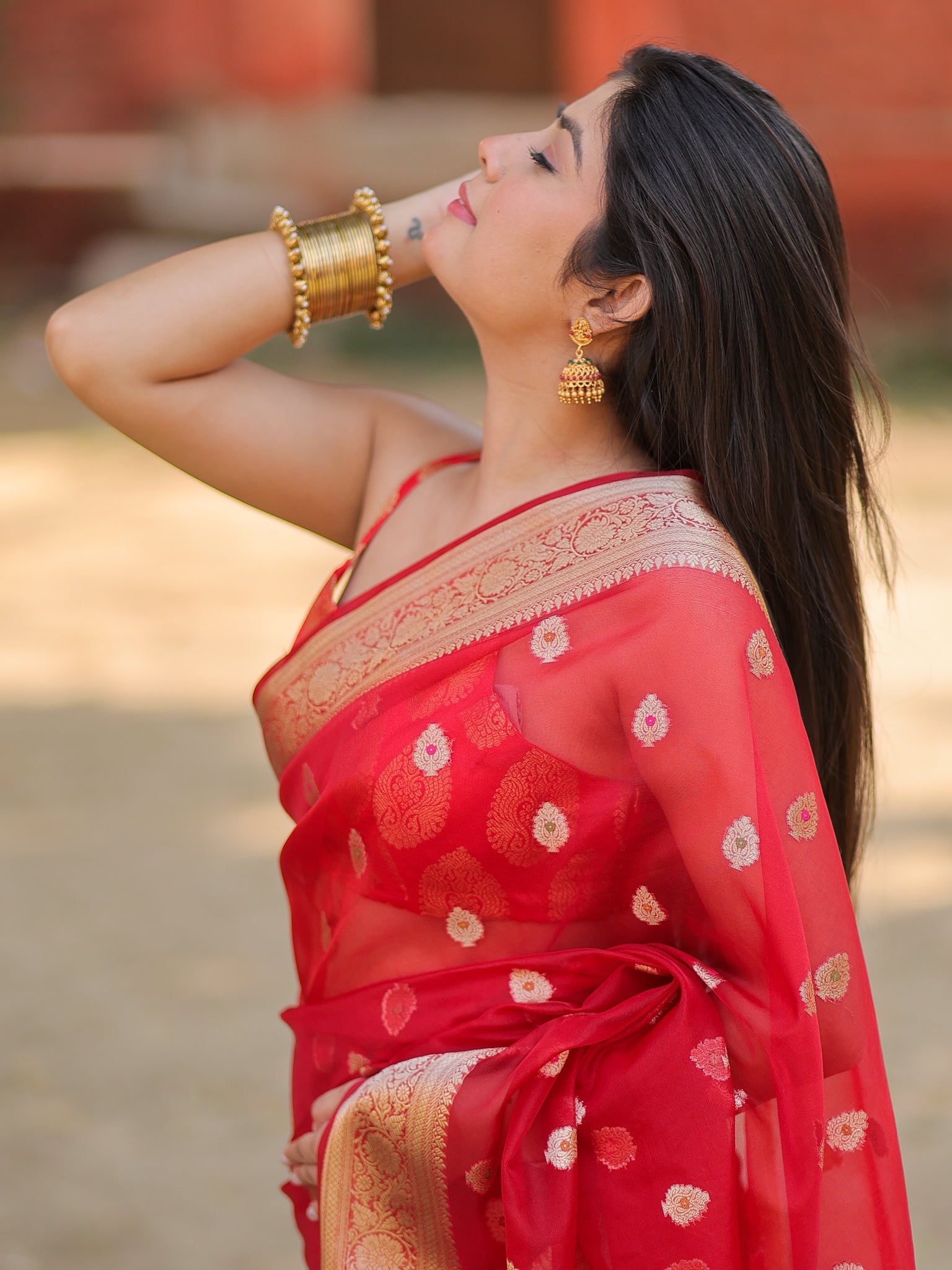 Banarasi Organza Mix Saree With Zari Weaving & Border- Red