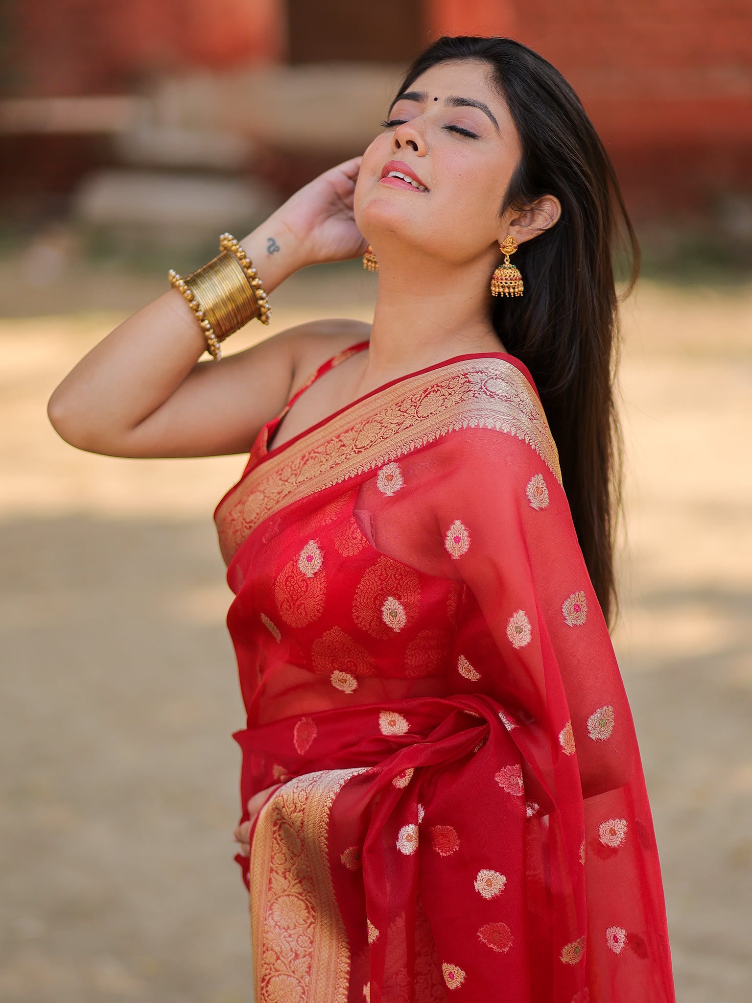 Banarasi Organza Mix Saree With Zari Weaving & Border- Red