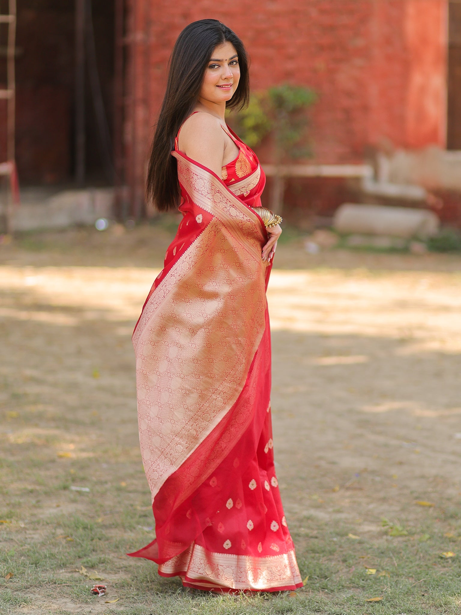 Banarasi Organza Mix Saree With Zari Weaving & Border- Red