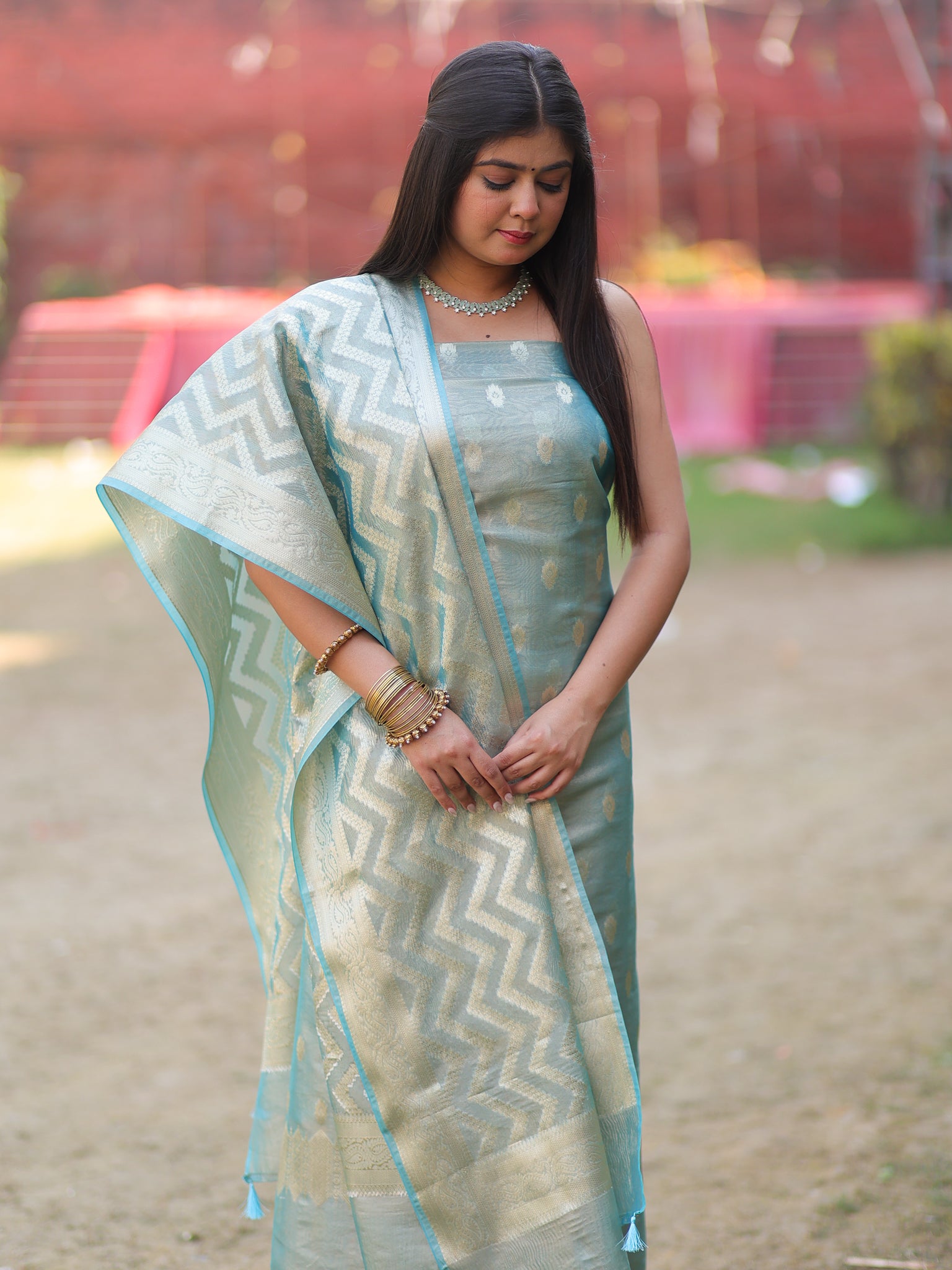 Banarasi Tissue Salwar Kameez with Dupatta- Blue
