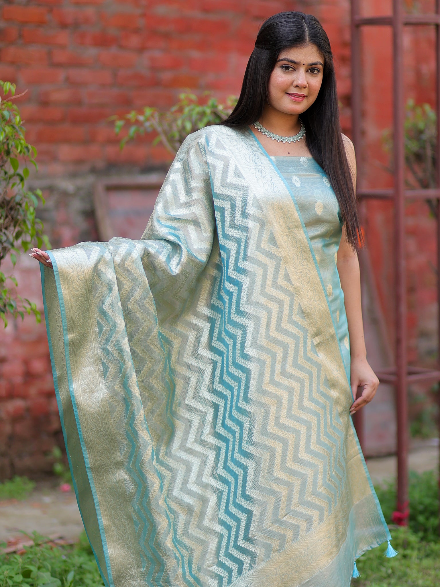 Banarasi Tissue Salwar Kameez with Dupatta- Blue